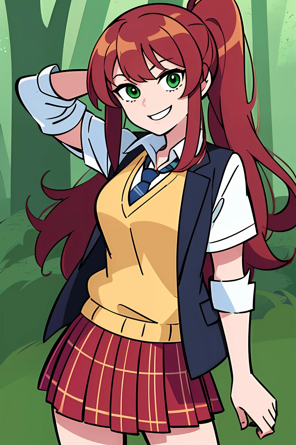 light smile, Schoolgirl attire, white blouse with yellow sweater vest, green striped tie, red plaid skirt and black boots with white buckles, forest green eyes and ashy hair in a twin ponytail