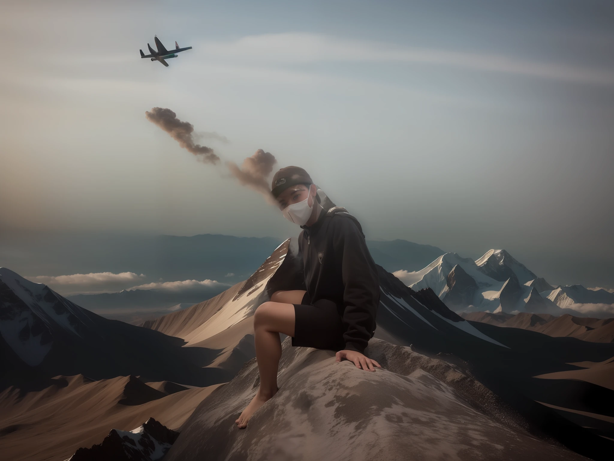 View of Mount Everest, clear blue sky, plane in the air, photorealistic, masterpiece