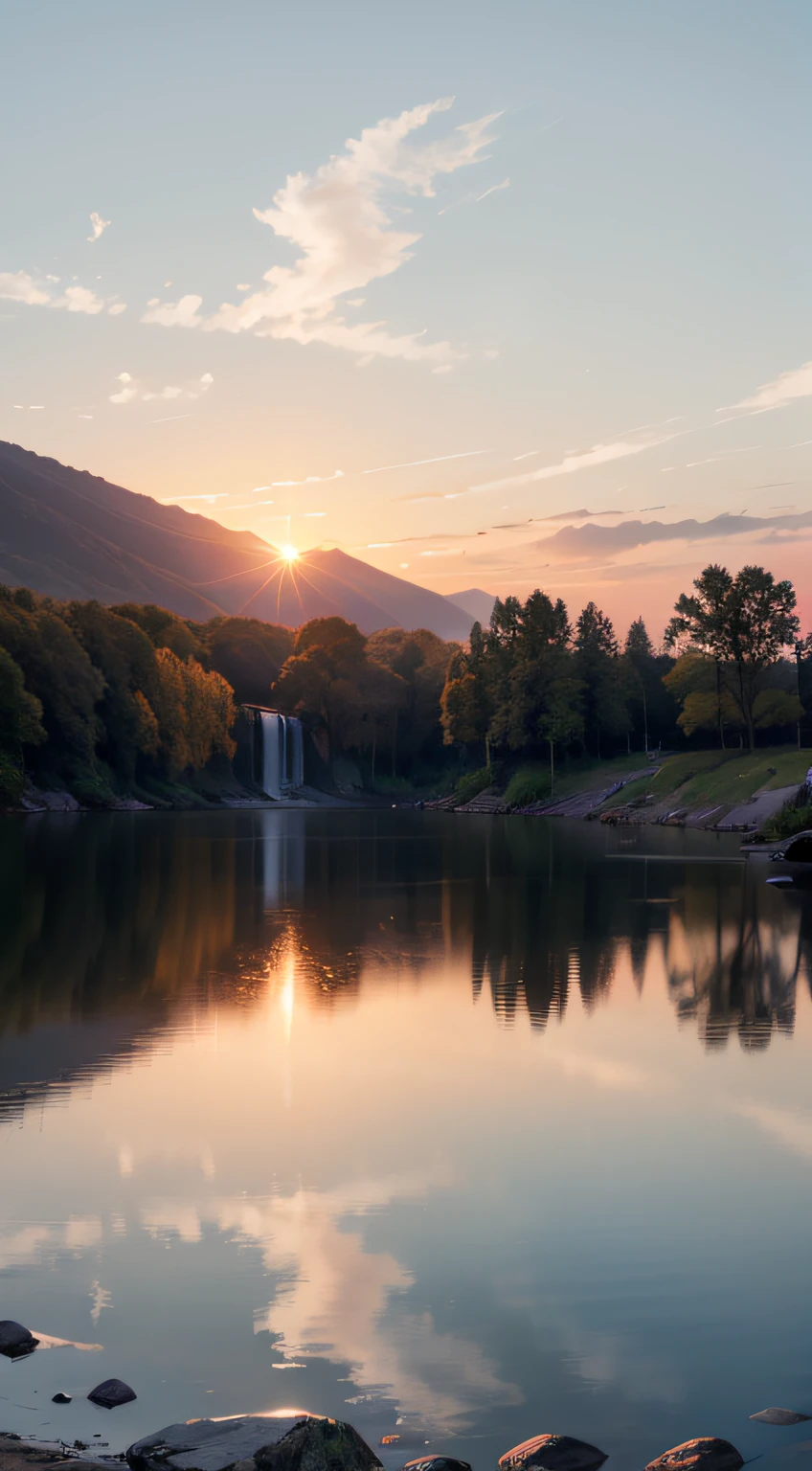Imagine a serene landscape, with calm and crystal clear waters reflecting the last rays of sunshine of the day. The sky is painted in shades of orange, pink and gold, creating a magical and tranquil atmosphere. The gentle breeze caresses your face as you contemplate this scene.

In this scenario, you feel God's presence in a deep and comforting way. The harmony between the colors of the sky and the reflection in the waters conveys a sense of unity between the divine and nature. It is as if God is present in every ray of sunshine that is reflected in the water, enveloping everything with love and peace.

God's presence is felt in the serenity of the landscape, in the stillness of the waters and in the spectacle of the sunset. It is as if God Himself is painting the sky and blessing the world with His beauty and grace. It is a sacred time to connect with the divine, to find inner peace and to renew faith.

Water represents life and purification, and in this landscape, it is a reminder of God's care for us. Just like cleansing and refreshing water, God purifies and renews us with His presence and unconditional love. In the presence of God, the waters become a symbol of healing and spiritual renewal.

In this landscape of a morning with the sunset, in the tranquil waters, the presence of God is intensely felt. It is a time to connect with the divine, to reflect on His greatness, and to feel enveloped by His peace and love. It's a scene that inspires gratitude, reverence, and trust in God's constant presence in our lives. --auto