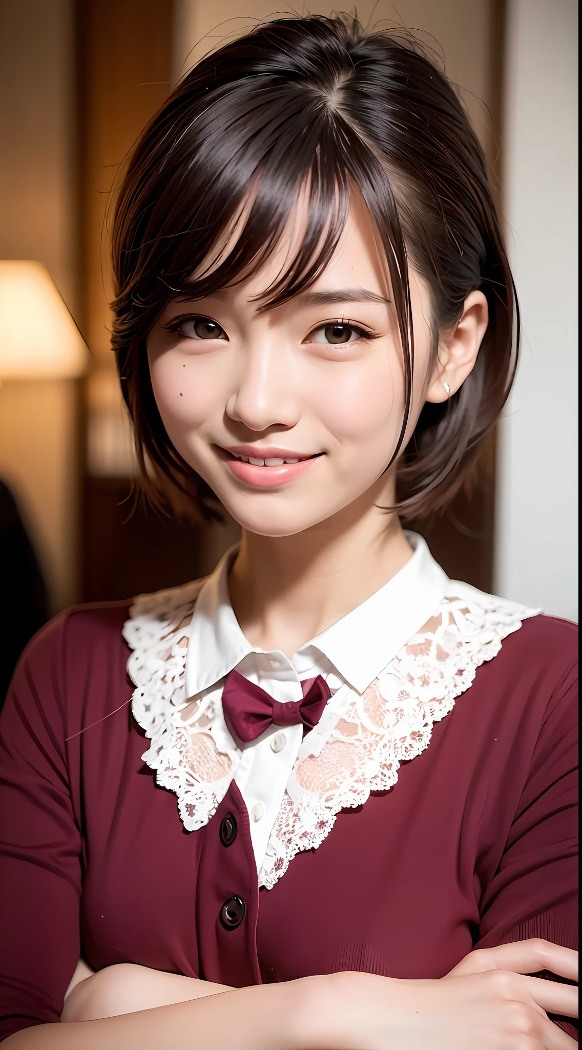 Masterpiece, 1 Beautiful Girl, Detailed, Swollen Eyes, Top Quality, Ultra High Resolution, (Reality: 1.4), Original Photo, 1Girl, Cinematic Lighting, Smiling, Japanese, Asian Beauty, Korean, Clean, Super Beautiful, Little Young Face, Beautiful Skin, Slender, Cyberpunk Background, (ultra realistic), (high resolution), (8K), (very detailed), (best illustration), (beautifully detailed eyes), (super detailed), (wallpaper), (detailed face), viewer looking, fine detail, detailed face, pureerosfaceace_v1, smiling, 46 point slanted bangs, looking straight ahead, neat clothing, dark colored eyes, clothing (fashionable, plain, folded collar, irregular, shirt feel, date dress), body facing front,