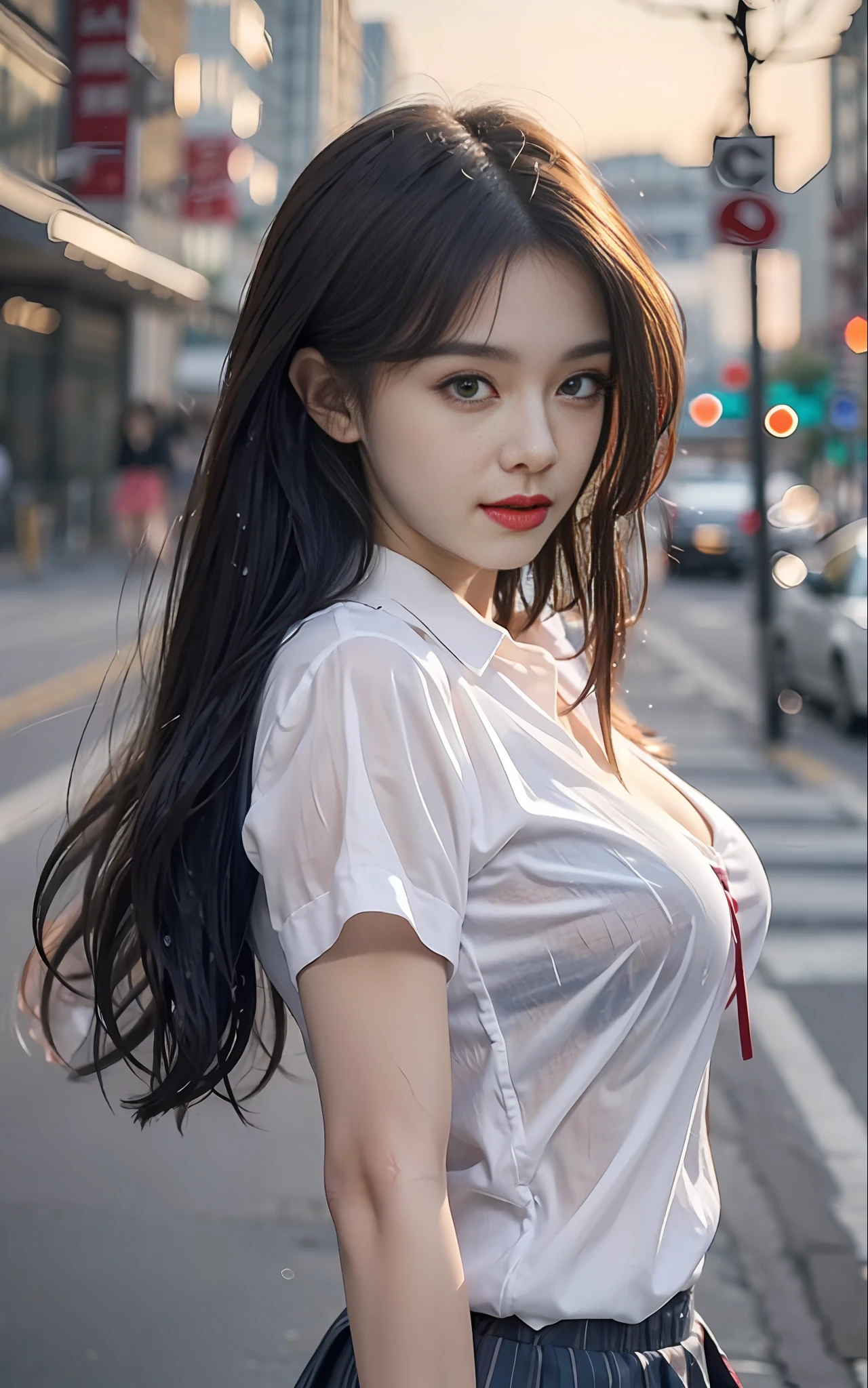 (Realistic, Photo Realistic: 1.37), (Masterpiece), (Best Quality: 1.4), (Ultra High Resolution: 1.2), (RAW Photo: 1.2), (Sharp Focus: 1.3), Smirk: 1.2), Brunet, (Long Hair), Slim Figure, Slim Waist, One Girl, (High School Summer Uniform: 1.5), (JK Style: 1.3), On the Stree, Short Sleeve School Uniform, Panorama, (Full Body), Beautiful and detailed eyes, Messy hair, long hair fluttering in the wind, big breasts, (ulzzang-6500:1.2), (rain, see-through, wet hair, wet clothes: 1.3), glamour shot, portrait photo, (realistic, photo-realistic: 1.37), (detailed face: 1.2), detailed skin texture, glistening skin,wide view