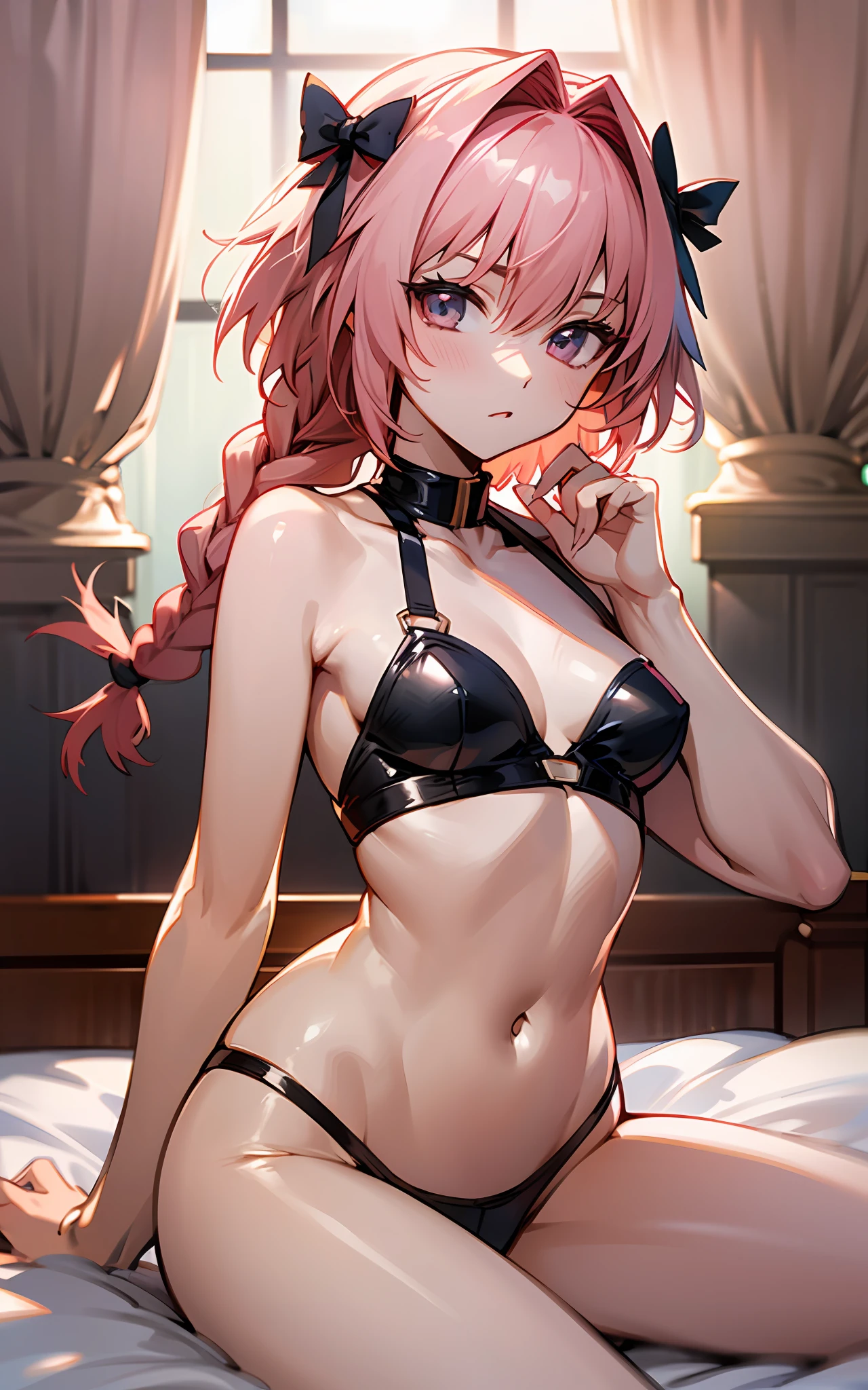 Top Quality, 8K, 4K, High Definition, Detail, Astolfo, FGO, Women, Clean Bedroom, Flat Breasts, Long Braids,