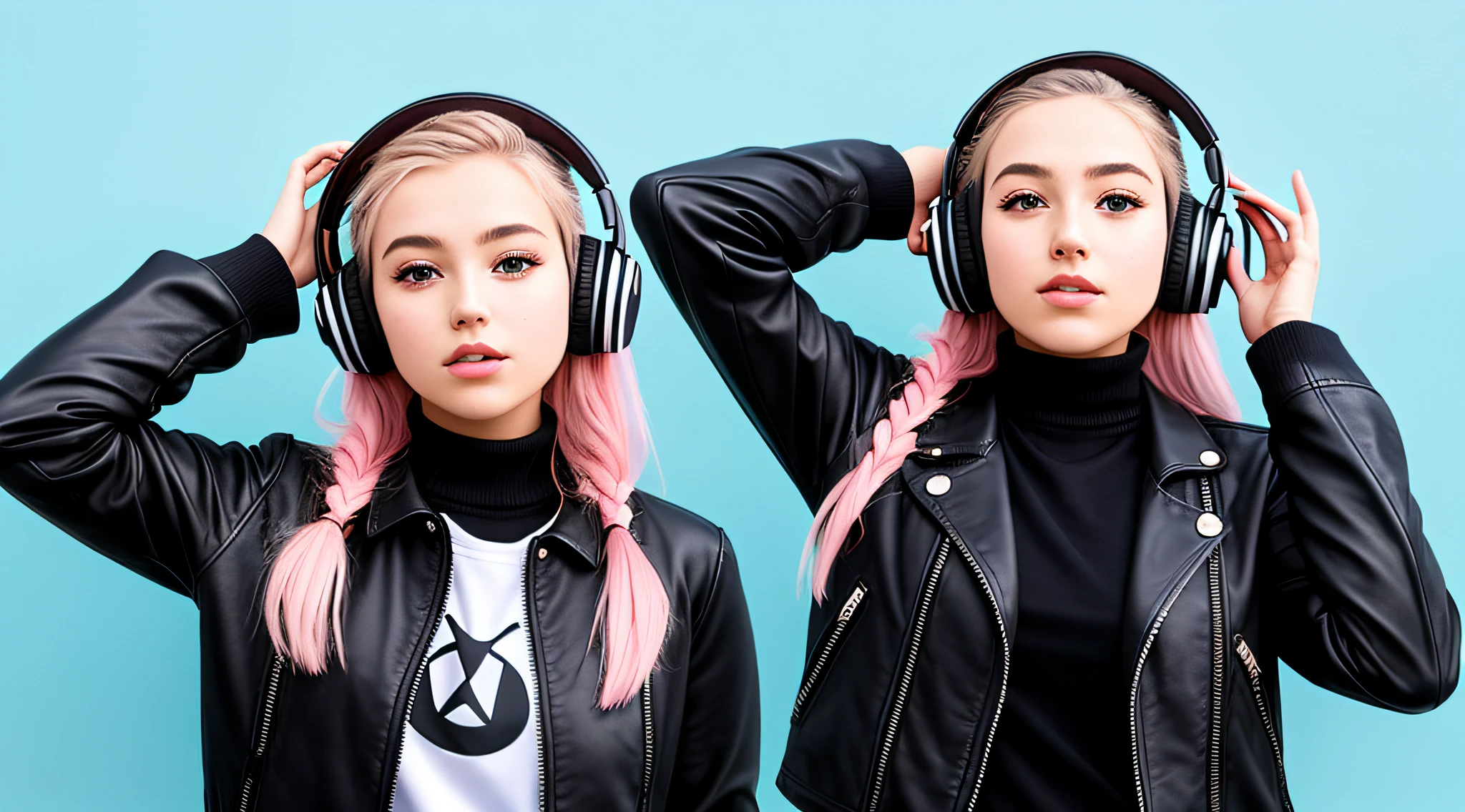 mENINA BLONDE CHILD IN BRAIDS, in leather jacket and headphones making peace sign, girl wearing headphones, with headphones, vibrating with music, with headphones, wearing turtleneck and jacket, dressed in short leather jacket, in front of an orange background, wearing a denim jacket, listening to pious music, Wearing headphones, wearing a leather jacket, she wears a leather jacket