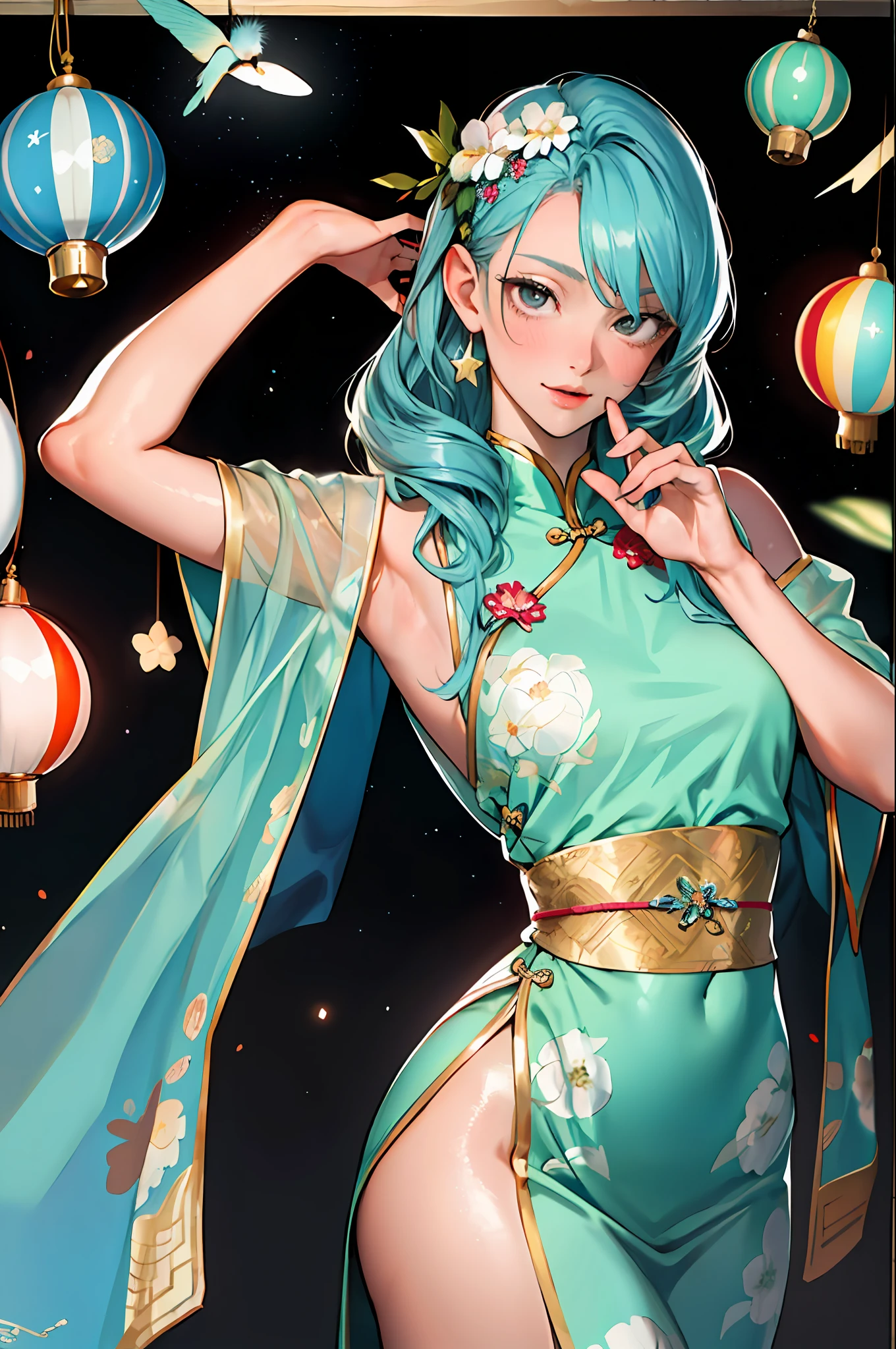 (Masterpiece: 1.2, Best Quality), (Zen Wrap: 1.2), (Dynamic Pose), (Abstract background: 1.5), (Traditional Costume: 1.2), Long Hair, 1 Lady, Chinese Cheongsam, Embroidery, Pattern, Wide Buttocks, (Shiny Skin), Multiple Colors, Beautiful Lady, Glamorous Lady with Long Curly Hair, Messy Hair, Blushing, Beautiful Big Eyes Made by Art Germ, Boris Vallejo, James Jean, McBeth, Milo Manara, Norman Rockwell :: Charles S. Stunning floral art in Rennie Mackintosh style, thick impasto painting masterpiece ::3 Rococo molten transparent, delicate molten matte transparent translucent monk levitation, poison fly Amanita mycelium Chinese lantern very realistic planets and stars flying, glacier multi-layered, translucent, delicate multi-layered very delicate silk color, pastel, thick pattern, masterpiece