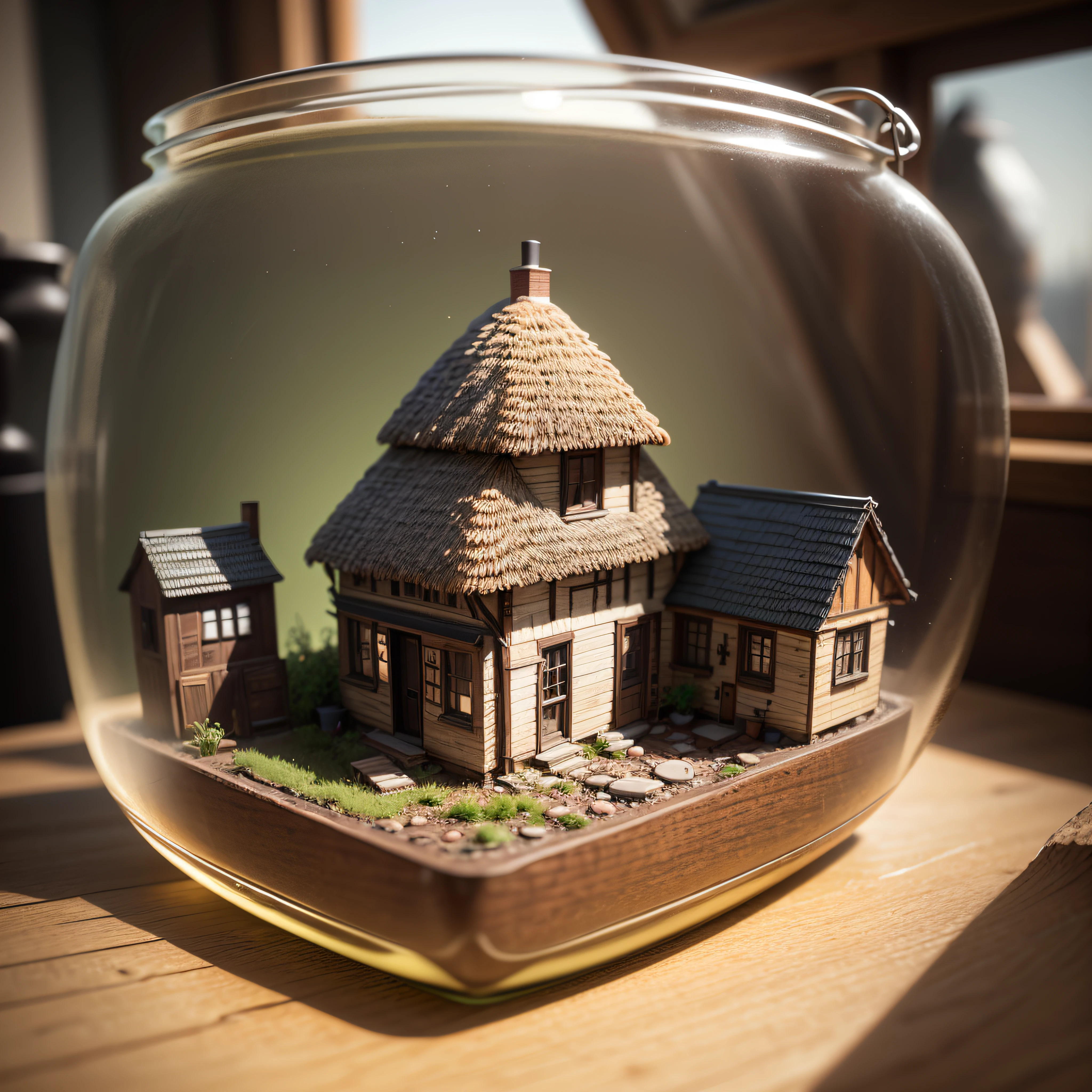 cottage inside a square glass jar with lid, placing on the windowsill, extremely detailed, 8K, apocalyptic punk style, miniatures, macro photography in close-up