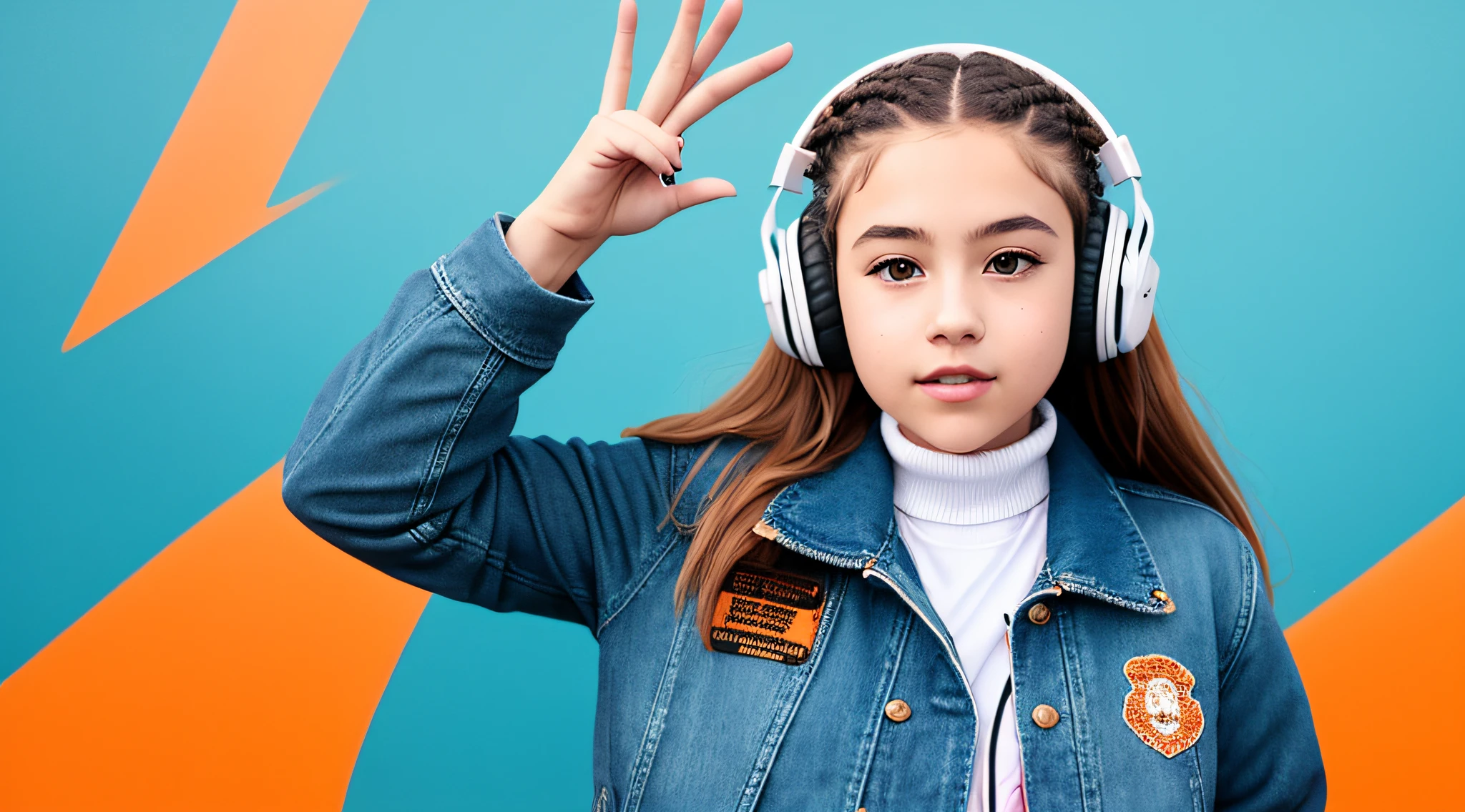 mENINA BLONDE CHILD IN BRAIDS, in leather jacket and headphones making peace sign, girl wearing headphones, with headphones, vibrating with music, with headphones, wearing turtleneck and jacket, dressed in short leather jacket, in front of an orange background, wearing a denim jacket, listening to pious music,  Wearing headphones, wearing a leather jacket, she wears a leather jacket