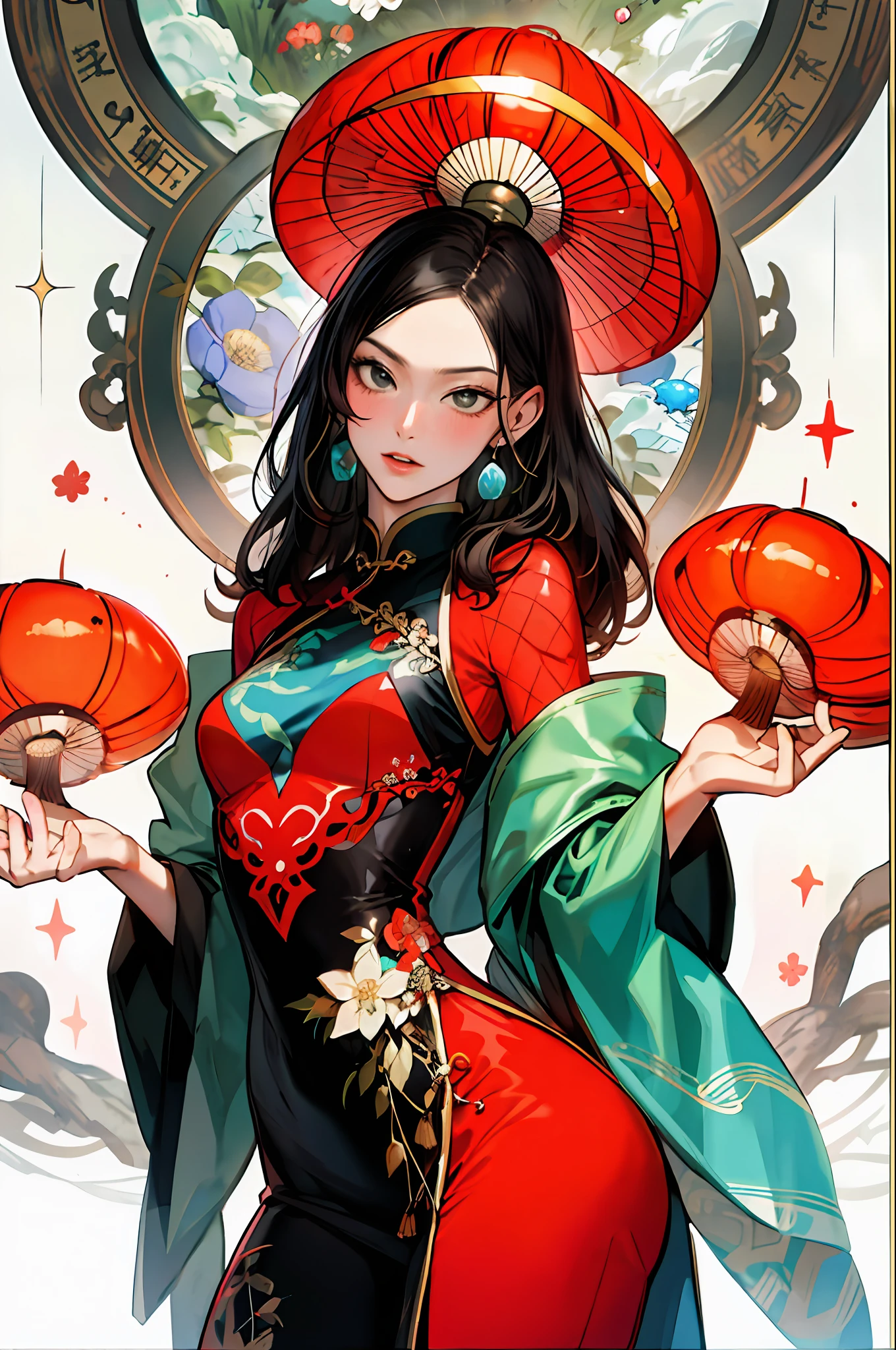 (Masterpiece: 1.2, Best Quality), (Zen Wrap: 1.2), (Dynamic Pose), (Abstract background: 1.5), (Traditional Costume: 1.2), Long Hair, 1 Lady, Chinese Cheongsam, Embroidery, Pattern, Wide Buttocks, (Shiny Skin), Multiple Colors, Beautiful Lady, Glamorous Lady with Long Curly Hair, Messy Hair, Blushing, Beautiful Big Eyes Made by Art Germ, Boris Vallejo, James Jean, McBeth, Milo Manara, Norman Rockwell :: Charles S. Stunning floral art in Rennie Mackintosh style, thick impasto painting masterpiece ::3 Rococo molten transparent, delicate molten matte transparent translucent monk levitation, poison fly Amanita mycelium Chinese lantern very realistic planets and stars flying, glacier multi-layered, translucent, delicate multi-layered very delicate silk color, pastel, thick pattern, masterpiece