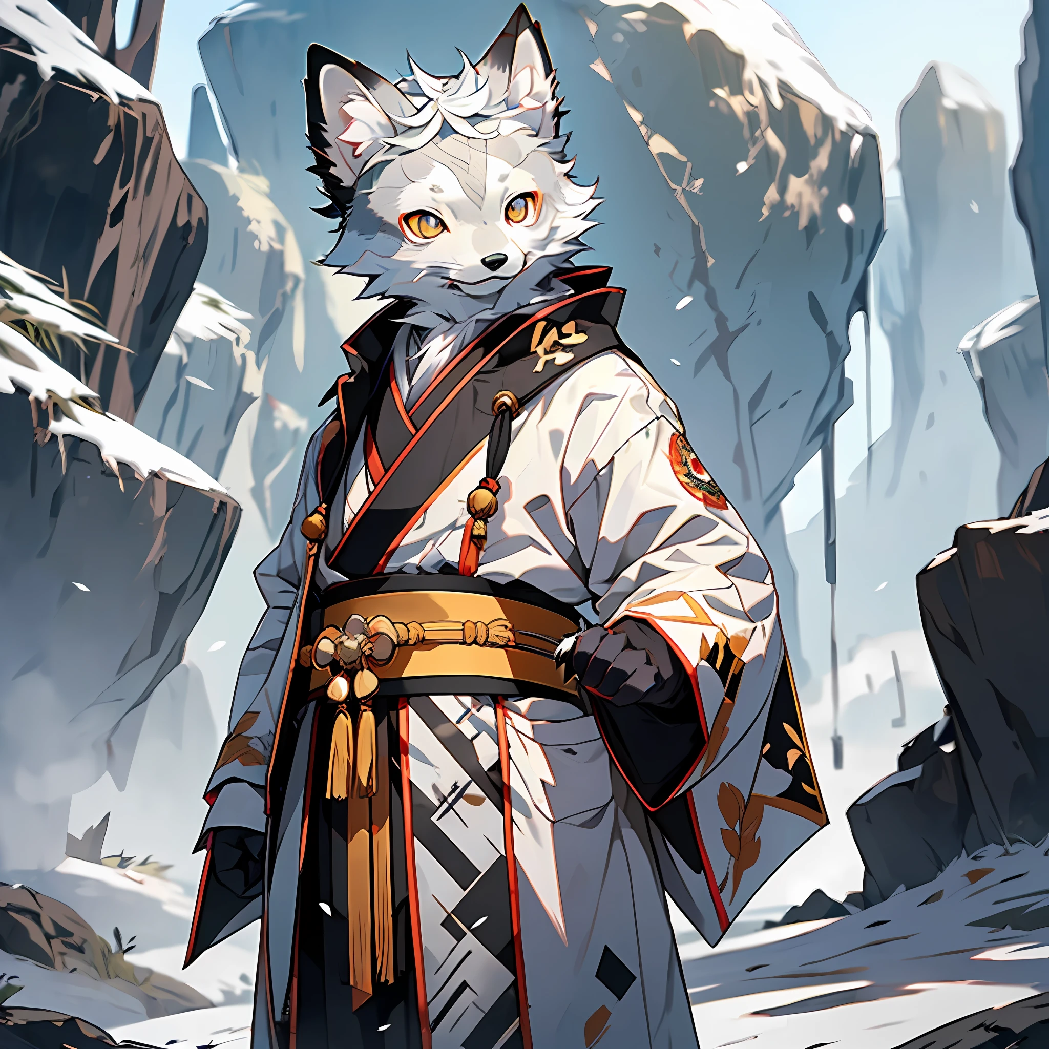 high detail, hyper quality, high resolution, 1080P, solo, furry, (male arctic fox: 1.5), (gray fur: 1.3), gray skin, gray ears, golden eyes, sharp claws, (fluffy tail: 1.2), wearing Chinese Taoist robes, Chinese Taoist costumes, hands behind his back, standing on a cliff