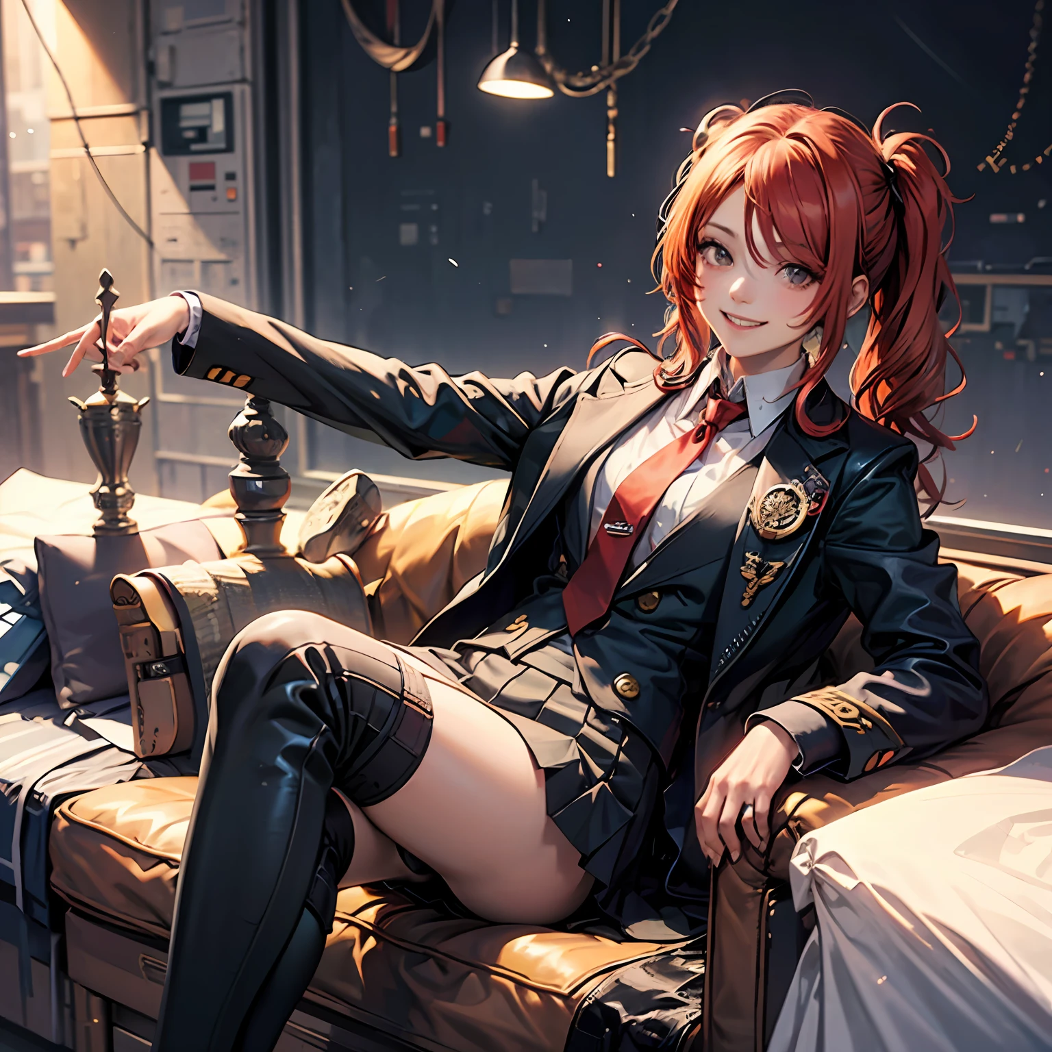 Cute boy, flat breasts, red long pigtails, black blazer skirt, red tie, smiling at school --auto