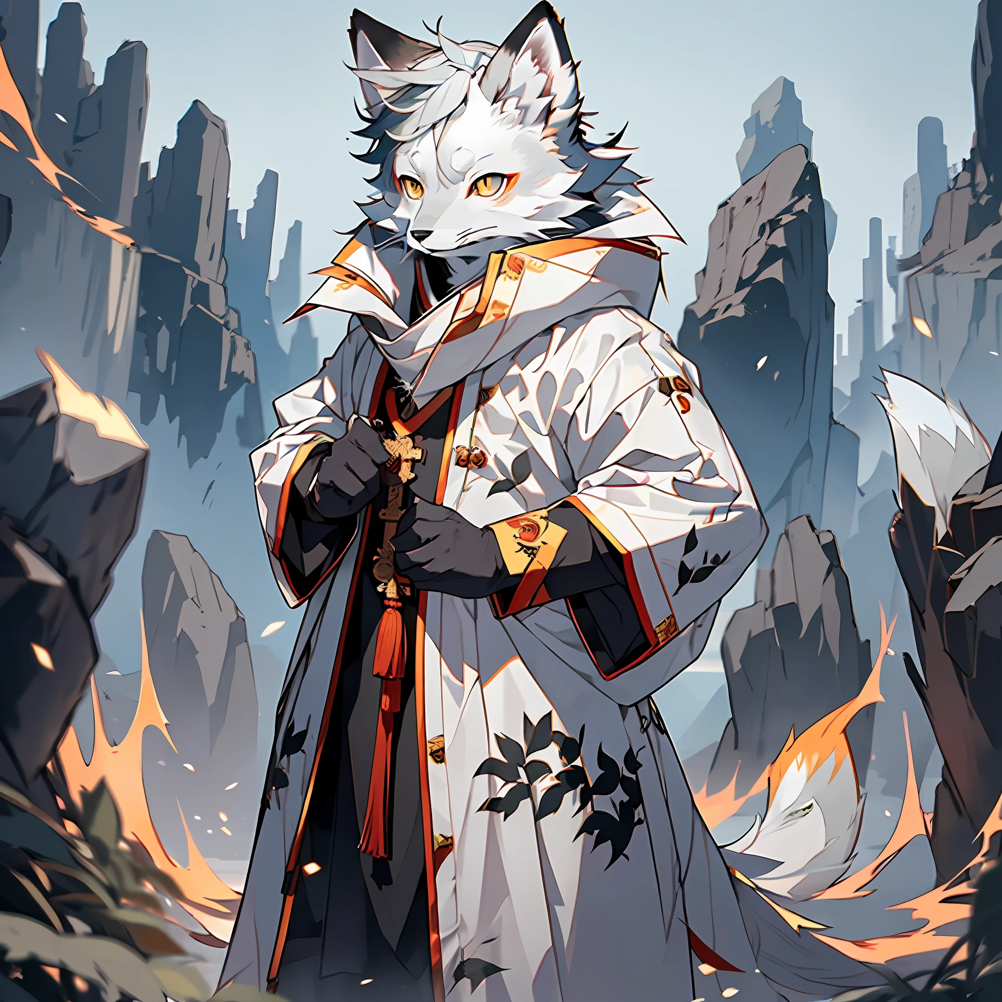 high detail, hyper quality, high resolution, 1080P, solo, furry, (male arctic fox: 1.5), (gray fur: 1.3), gray skin, gray ears, golden eyes, sharp claws, (fluffy tail: 1.2), wearing Chinese Taoist robes, Chinese Taoist costumes, hands behind his back, standing on a cliff