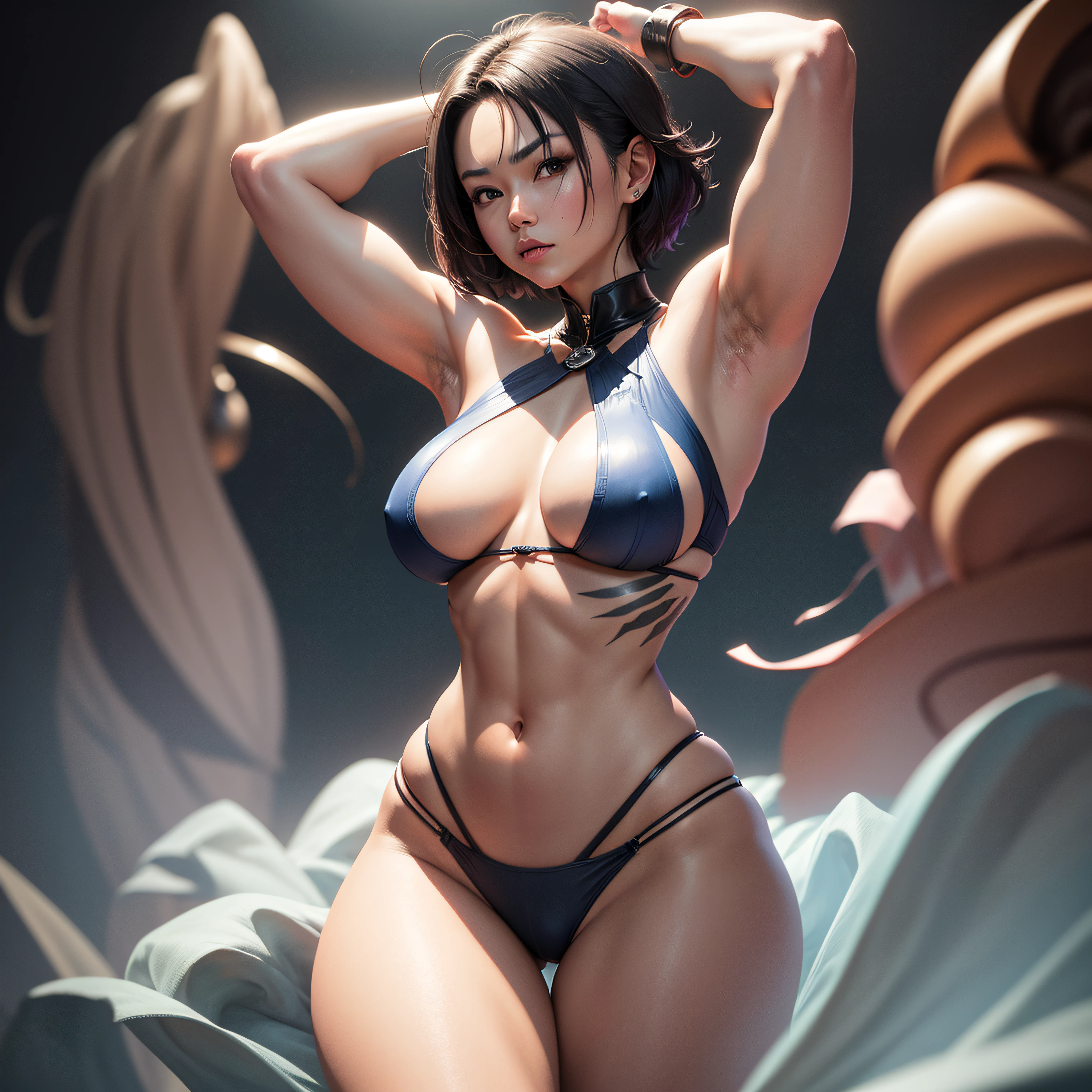 Shun lee posing for photo, like a shunlee street fighter game, cosplay, beautiful woman, huge breasts, huge, asymmetrical short hair, small bikini, dynamic pose, masterpiece, 8k wallpaper --auto
