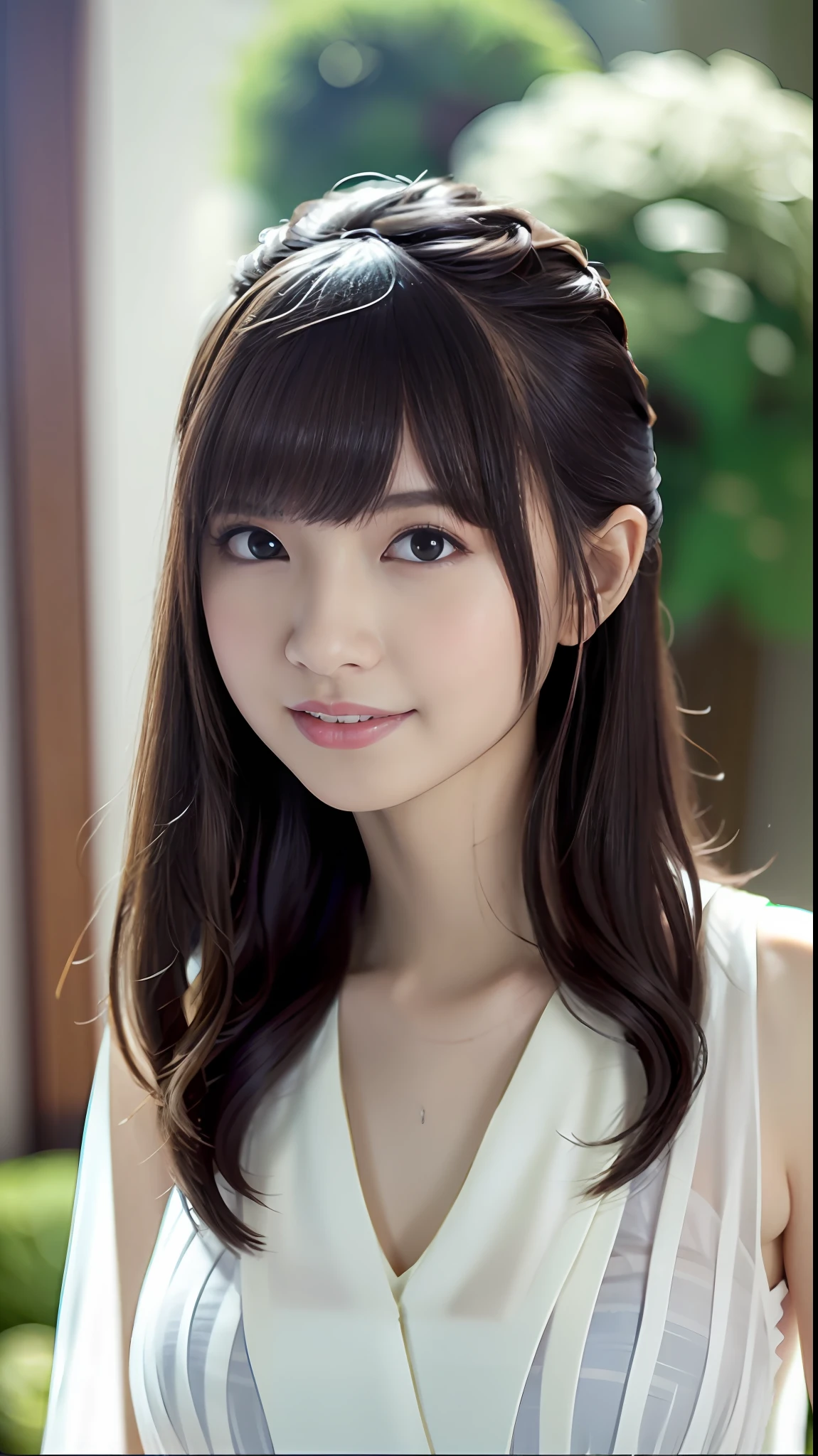 Masterpiece, 1 Beautiful Girl, Detailed Eyes, Swollen Eyes, Top Quality, Ultra High Resolution, (Reality: 1.4), Original Photo, 1Girl, Cinematic Lighting, Smiling, Japanese, Asian Beauty, Korean, Clean, Very Beautiful, Slightly Young Face, Beautiful Skin, Slender, Airport background, (Ultra Realistic ), (high resolution), (8K), (very detailed), (best illustration), (beautifully detailed eyes), (super detailed), (wallpaper), (detailed face), viewer looking, fine details, detailed face, pureerosfaceace_v1, smiling, 46 point slanted bangs, looking straight ahead, neat clothes, black colored eyes, clothing (fashionable, plain, folded collar, irregular, shirt feel, date dress), body facing forward,