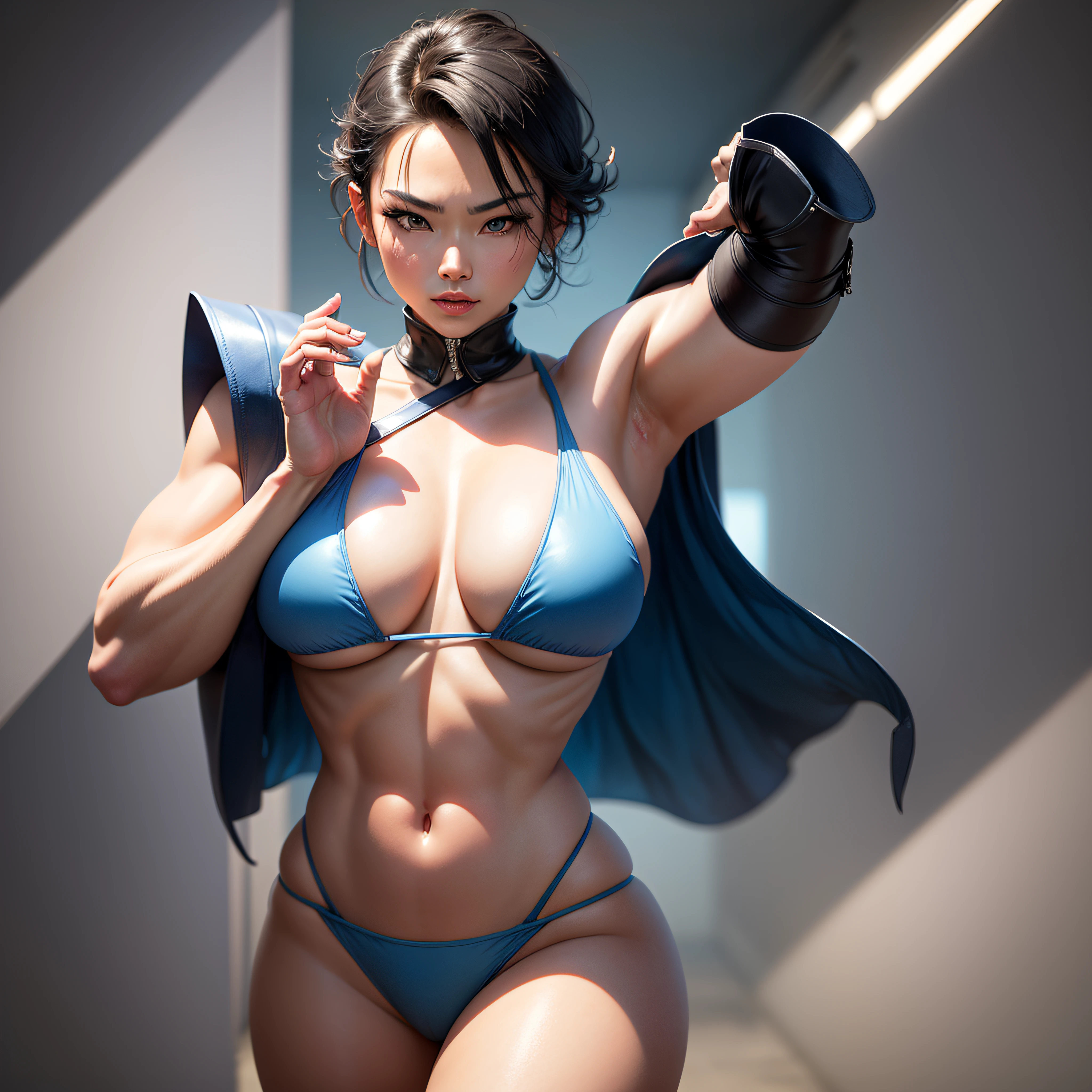 Shun lee posing for photo, like a shunlee street fighter game, cosplay, beautiful woman, huge breasts, huge, asymmetrical short hair, small bikini, dynamic pose, masterpiece, 8k wallpaper --auto