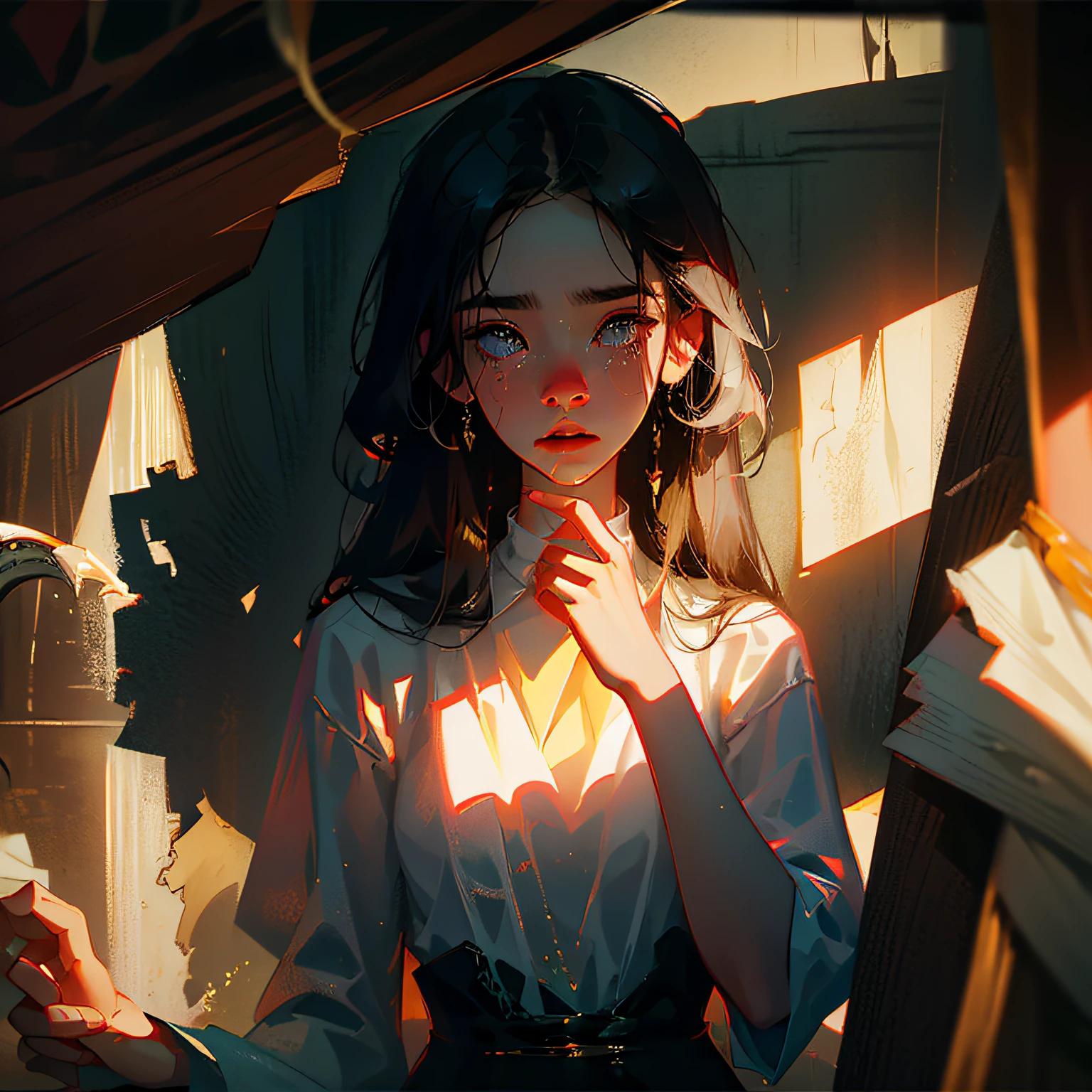 Best Quality, Masterpiece, Ultra High Resolution, Photo, 1 Girl, Sadness, White Shirt, Dim, Dark, Despair, Mercy, Pity, Movie, Tears, Teardrops, Torn Clothes, Wet Clothes, Wet Hair, Gloomy House, Tummy, Ground --auto