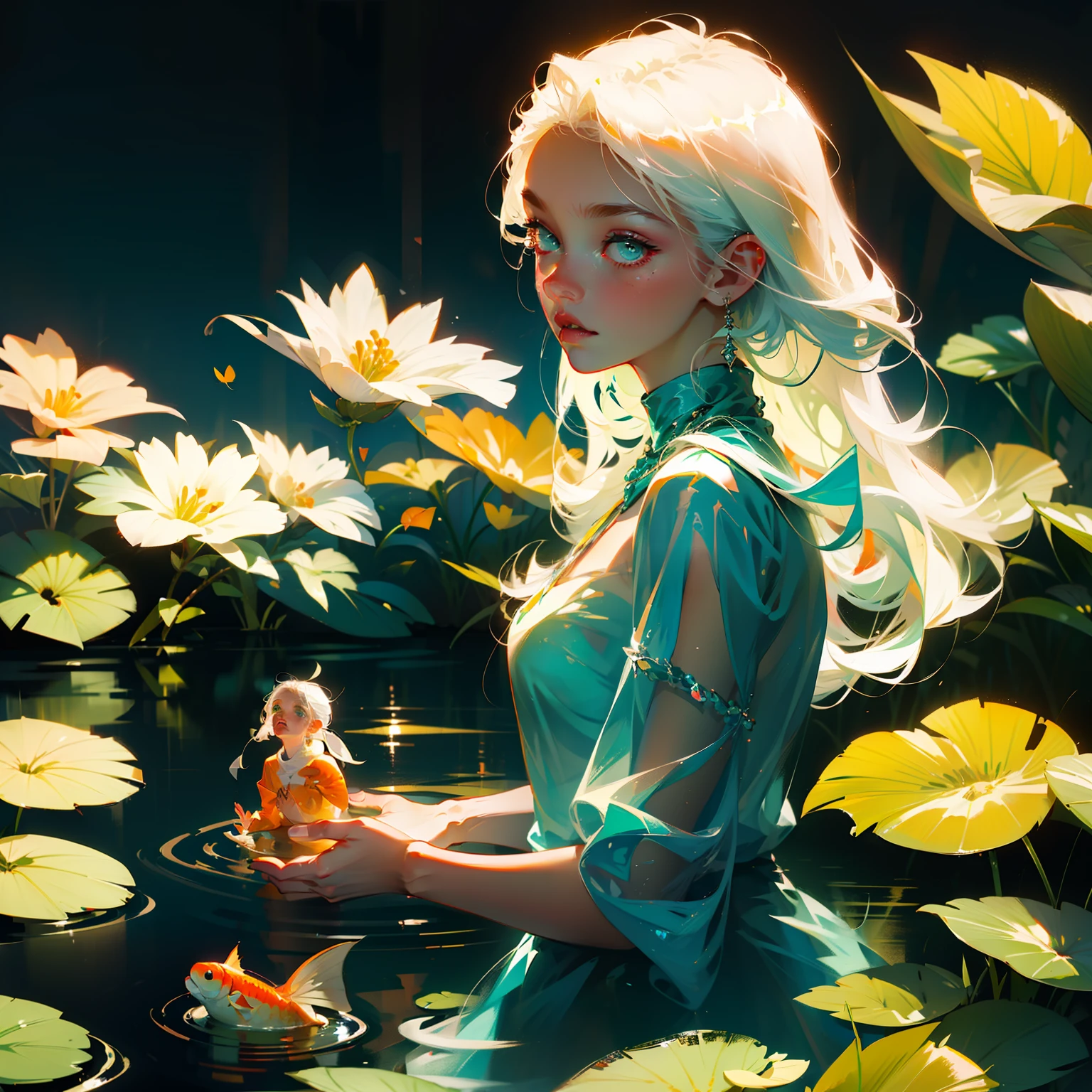 Creates a beautiful green eyed girl with straight white hair wearing a metallic blue top standing in a crystal clear pond with some goldfish showing in it in super high definition 8k --auto