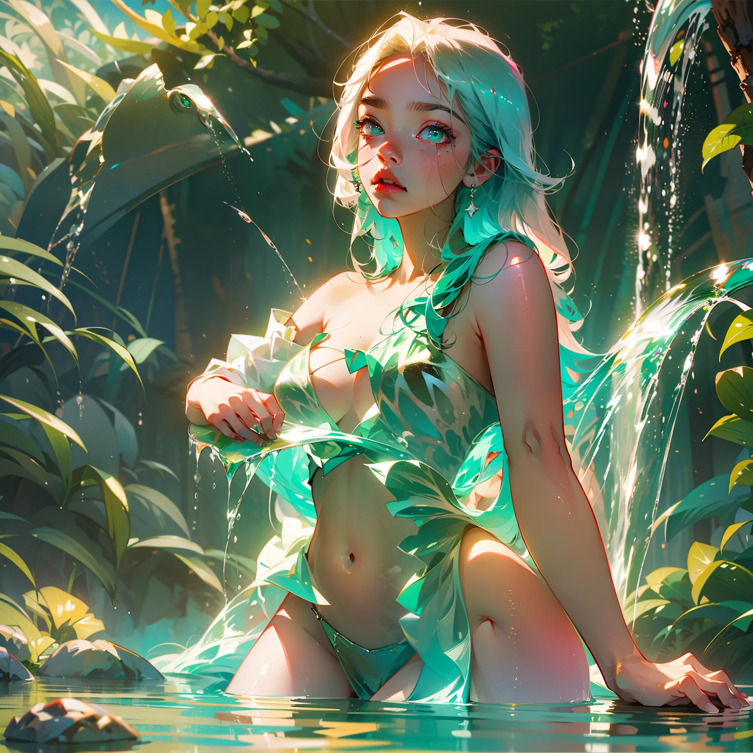 Creates a beautiful green eyed girl with straight white hair wearing a metallic blue top standing in a crystal clear pond with some goldfish showing in it in super high definition 8k --auto