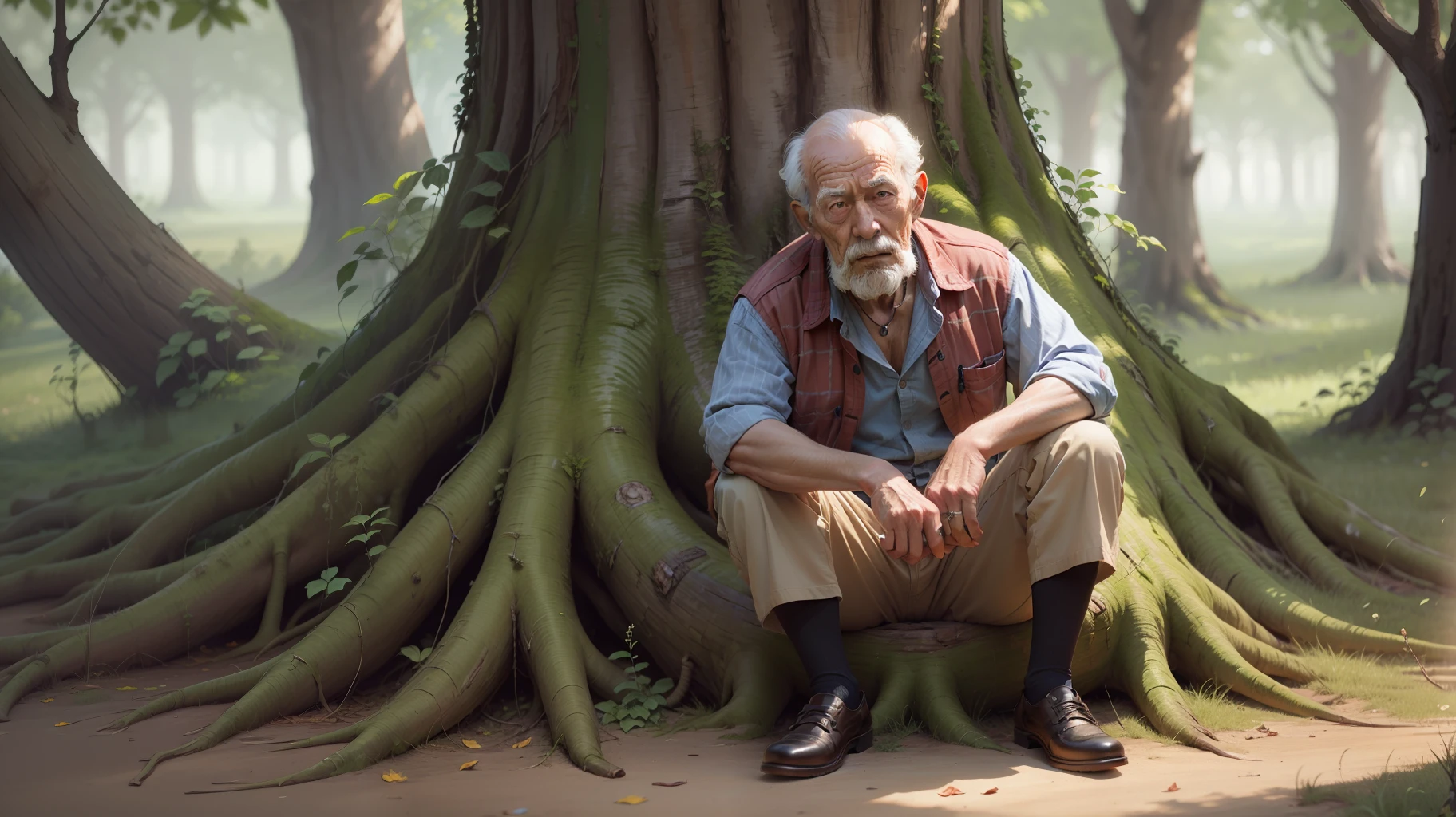 Old man near a tree trunk