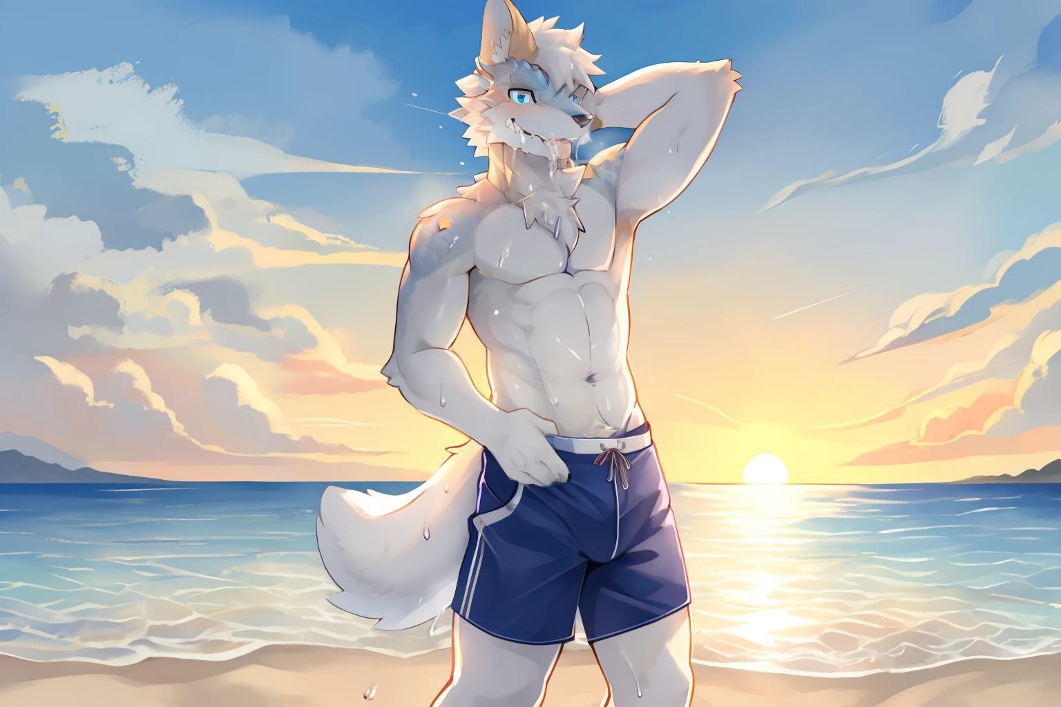 zinogre, bright eyes, panorama, character focus , solo, furry, furry male dragon, male red and white fur, blue eyes, gray hair (long), bare body, gray shorts lying on bed, young style, height one meter seven, handsome, has a tail, bust, drooling, body fluids, licked, three-quarters portrait, wide angle, dynamic angle