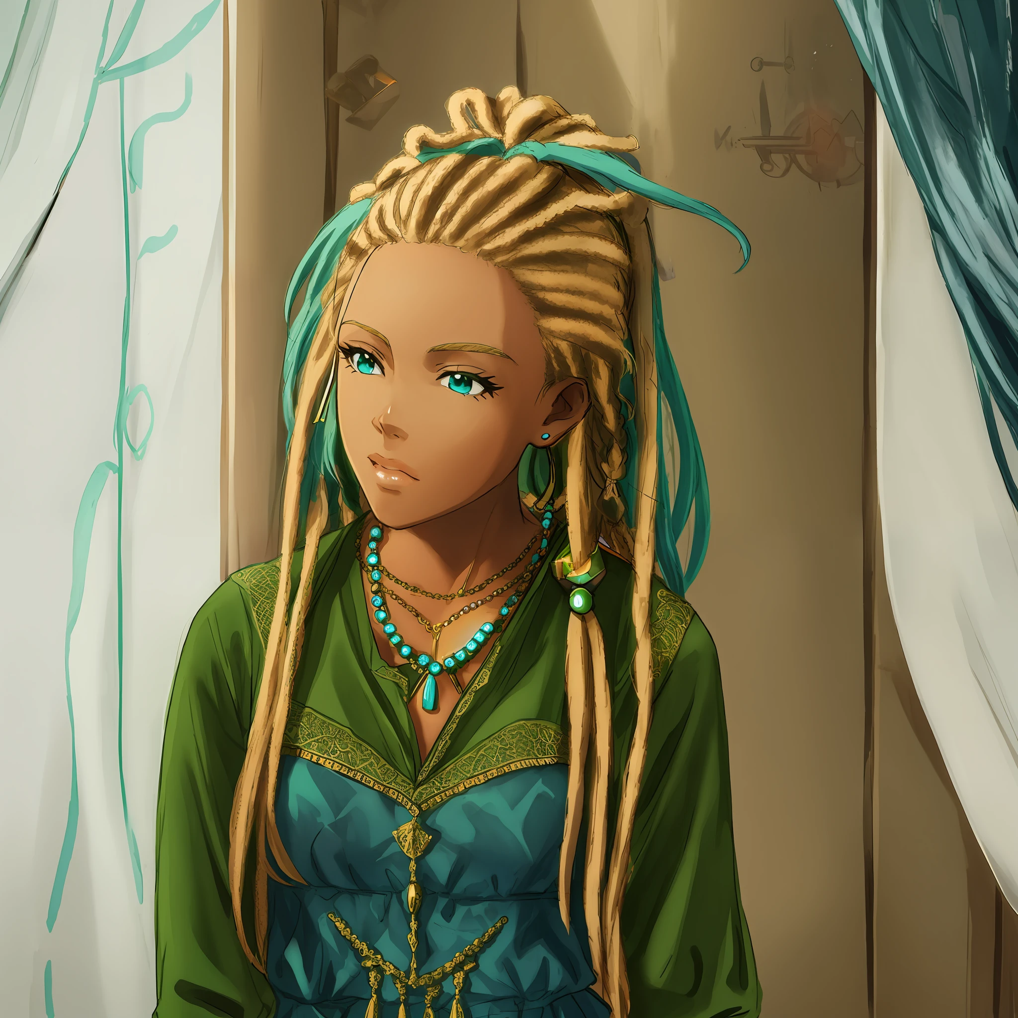 Arafed teen with dreadlocks and a green dress posing for a photo, with aqua rapunzel dreadlocks, dreadlocks, with neon aqua dreadlocks, long dreadlocks, dreadlock hair, dreads, many dreadlocks on the head, dreadlock race hair, cybernetic dreadlocks, short dreadlocks with beads, ashteroth, dark skin