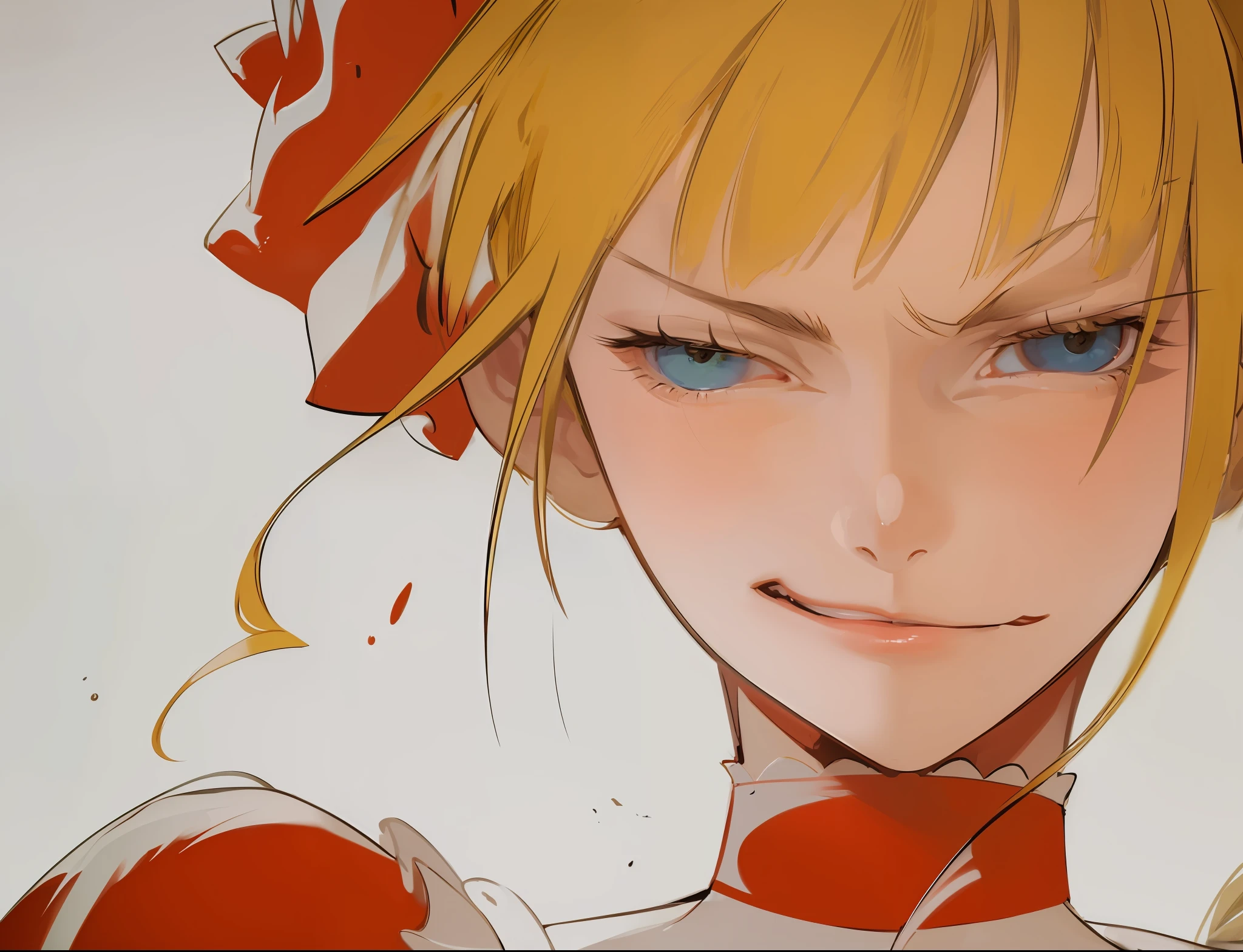 Best Quality, Ultra High Resolution, Detailed Face, Realism, Realistic Face, Extremely Beautiful Eyes, Italian Beauty, Golden Qi Bangs, (High Density Display: 1.4), Sex Turn, A Girl, Solo, Crazy Detail, Intricate Detail, Ultra Detail, Soft Cinematic Light, Exposure Mixing, High Density Display , Strong Light and Shadow, Beatrice (Umineko), Bad Smile, Glow Blue Eyes, Closed Left Eye, Contemptuous Eyes, Gradient Pupil Color, Golden Eyelashes, Blush, Big Breasts, The corners of the mouth are raised, V-shaped eyebrows, and a lewd expression.