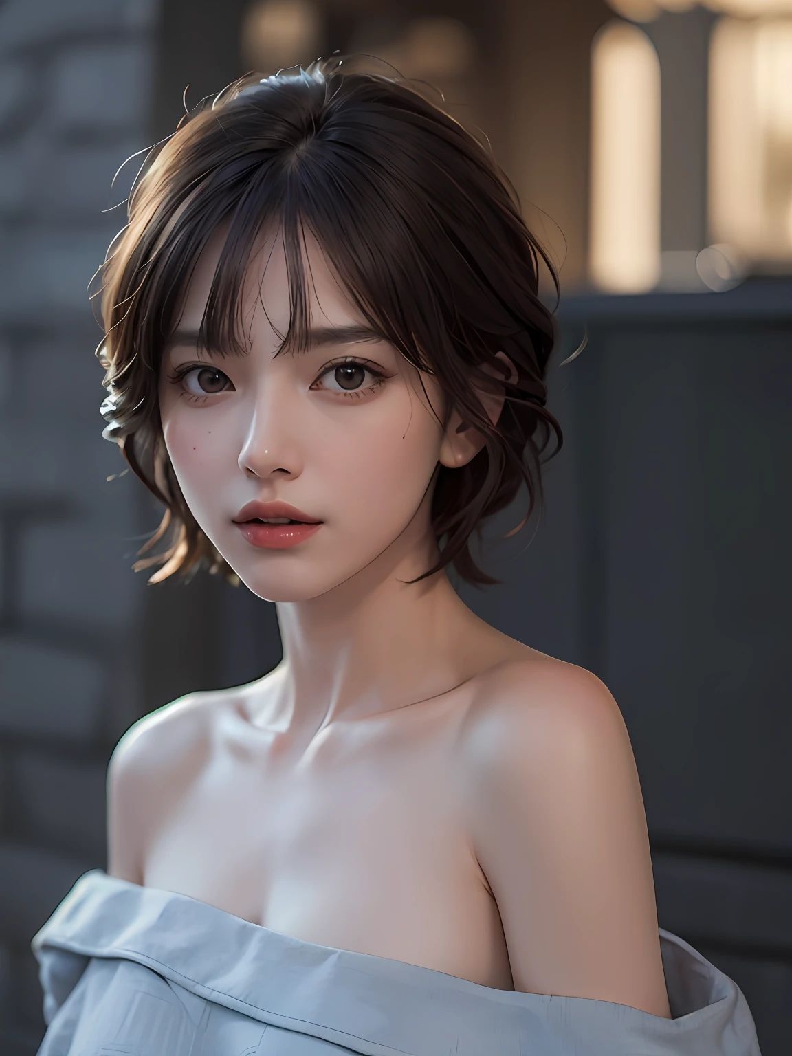 Best quality, masterpiece, ultra high res, (photorealistic:1.5), raw photo, 1girl, offshoulder, in the dark, deep shadow, low key, cold light, sexy look, short hair