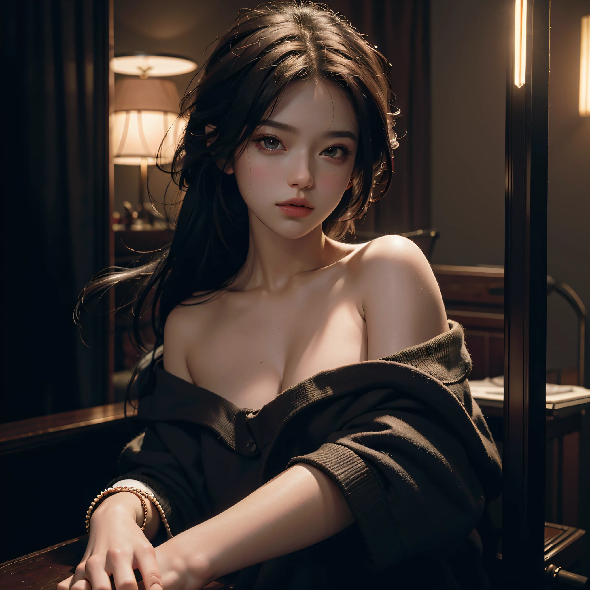 Best Quality, Masterpiece, Ultra High Resolution, 8K, (Realisticity: 1.4), Original Photo, 1girl, Bare Shoulder, Cinematic Lighting