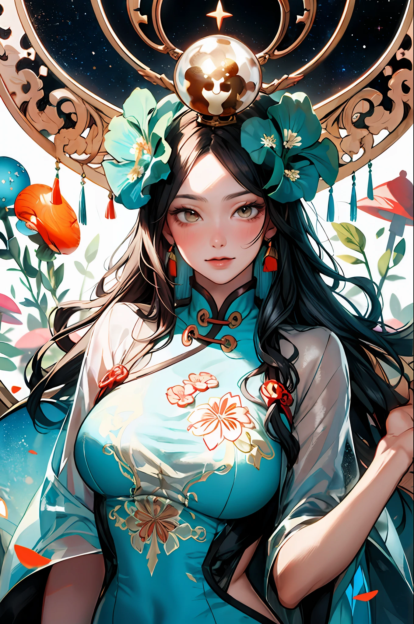 (Masterpiece: 1.2, Best Quality), (Zen Wrap: 1.2), (Dynamic Pose), (Abstract background: 1.5), (Traditional Clothing: 1.2), Long hair, 1 lady, big breasts, bright yellow embroidered Chinese cheongsam, embroidery, pattern, wide hips, (shiny skin), many colors, beautiful lady, charming glowing lady with long curly hair, messy hair, blush, beautiful big eyes made by art germ, Boris Vallejo, James Jean, McBeeth, Milo Manara, Norman S. Rockwell :: Stunning floral art in Charles Rennie Mackintosh style, thick impasto painting masterpiece ::3 Rococo molten transparent, delicate melt matte transparent translucent monk levitation, poison fly Amanita mycelium Chinese lantern very realistic planets and stars flying, glacier multi-layered, translucent, delicate multi-layered very delicate silk color, pastel, thick pattern, masterpiece