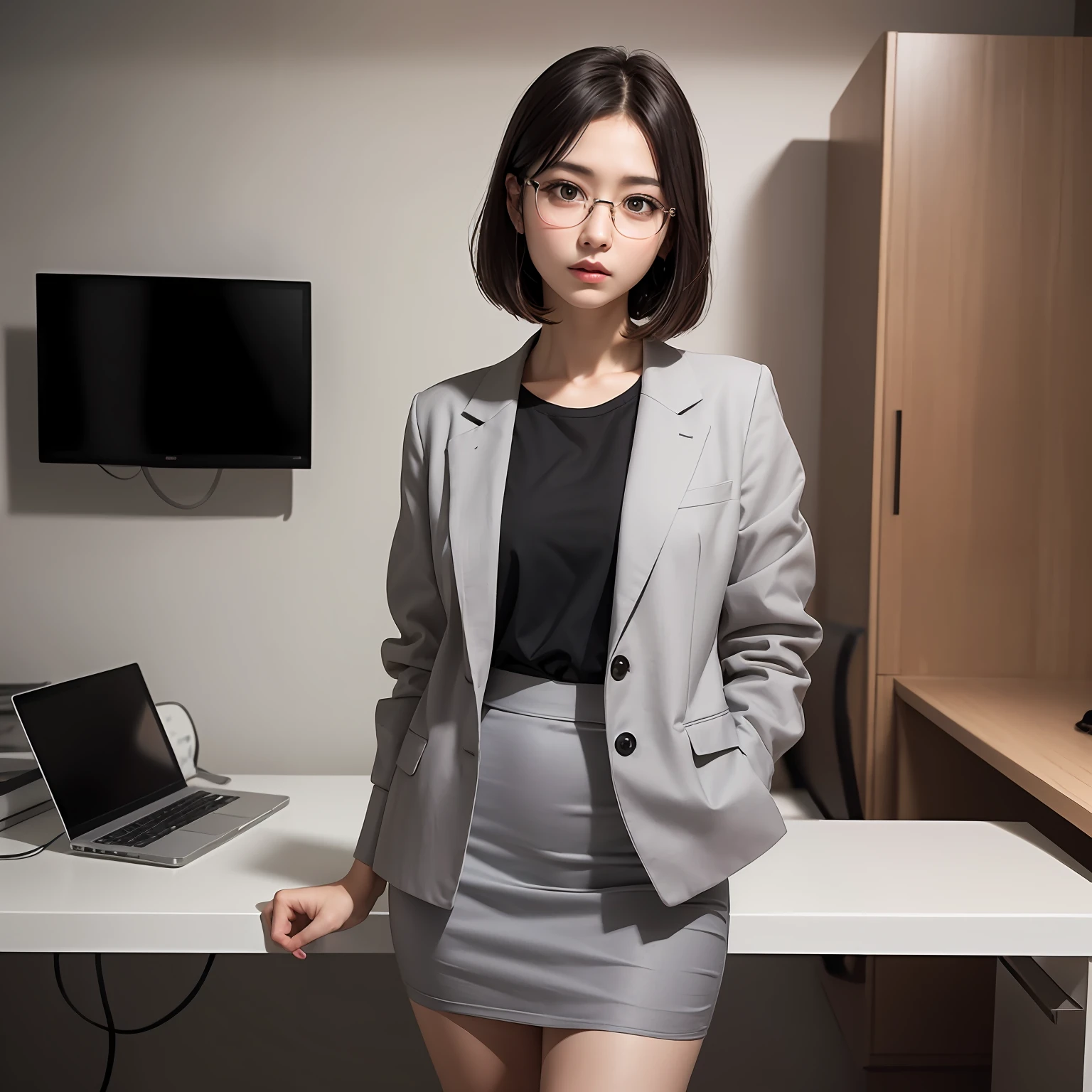 (8k, RAW photos, super high resolution, best quality, masterpiece: 1.2), (realistic illustrations), (highly detailed CG Unity 8k wallpaper), ridiculous, 1 girl, 21 years old, , glasses, small, beautiful face, full body, dark expression, bright black eyes, anger, thin, slender body, black medium hair tilted head, realistic, pretty little face, bob cut, brown eyes, skirt, Grey custom jacket, office, full body, Nogizaka Idol, Actress, Korean Idol
