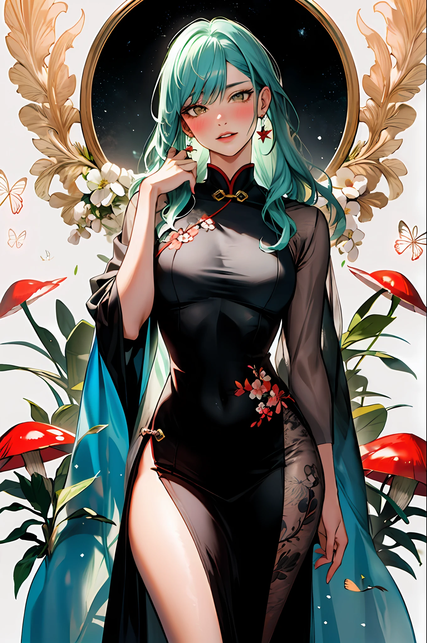 (Masterpiece: 1.2, Best Quality), (Zen Wrap: 1.2), (Dynamic Pose), (Abstract background: 1.5), (Traditional Clothing: 1.2), Long hair, 1 lady, big breasts, bright yellow embroidered Chinese cheongsam, embroidery, pattern, wide hips, (shiny skin), many colors, beautiful lady, charming glowing lady with long curly hair, messy hair, blush, beautiful big eyes made by art germ, Boris Vallejo, James Jean, McBeeth, Milo Manara, Norman S. Rockwell :: Stunning floral art in Charles Rennie Mackintosh style, thick impasto painting masterpiece ::3 Rococo molten transparent, delicate melt matte transparent translucent monk levitation, poison fly Amanita mycelium Chinese lantern very realistic planets and stars flying, glacier multi-layered, translucent, delicate multi-layered very delicate silk color, pastel, thick pattern, masterpiece
