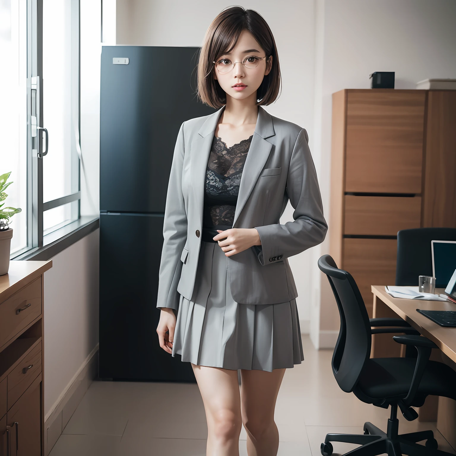 (8k, RAW photos, super high resolution, best quality, masterpiece: 1.2), (realistic illustrations), (highly detailed CG Unity 8k wallpaper), ridiculous, 1 girl, 21 years old, , glasses, small, beautiful face, full body, dark expression, bright black eyes, anger, thin, slender body, black medium hair tilted head, realistic, pretty little face, bob cut, brown eyes, skirt, Grey custom jacket, office, full body, Nogizaka Idol, Actress, Korean Idol