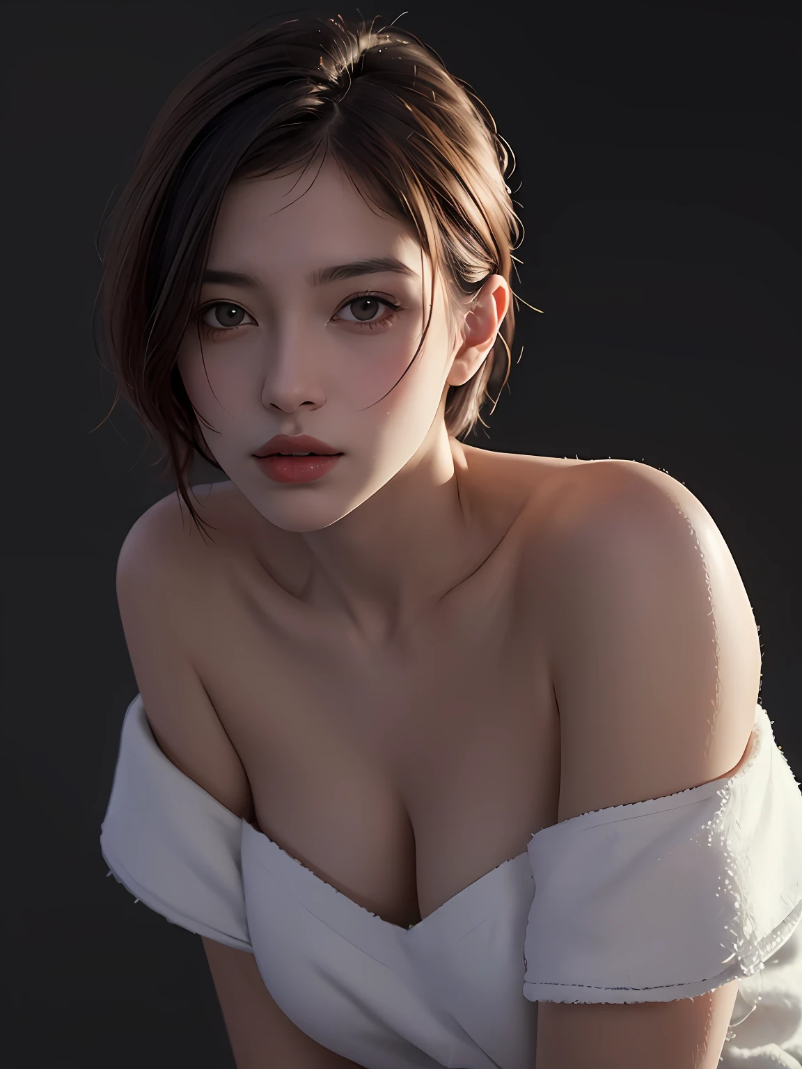 Best quality, masterpiece, ultra high res, (photorealistic:1.5), raw photo, 1girl, offshoulder, in the dark, deep shadow, low key, cold light, sexy look, short hair