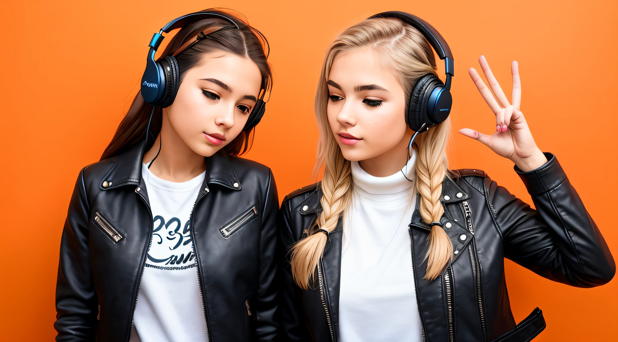 mENINA BLONDE CHILD IN BRAIDS, in leather jacket and headphones making peace sign, girl wearing headphones, with headphones, vibrating with music, with headphones, wearing turtleneck and jacket, dressed in short leather jacket, in front of an orange background, wearing a denim jacket, listening to pious music, Wearing headphones, wearing a leather jacket, she wears a leather jacket
