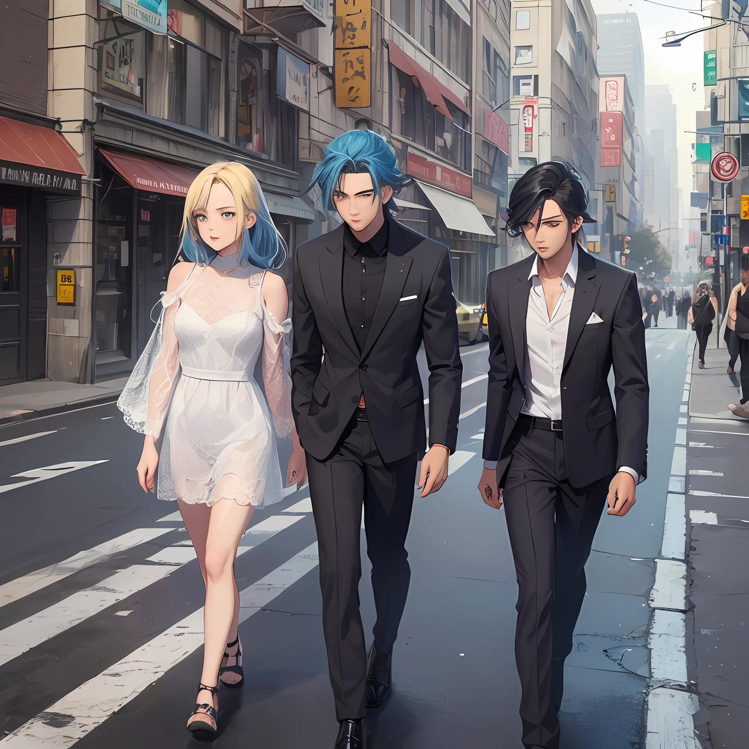 Two men (youth, blue hair, blonde eyes, wearing slim suits) and a girl (teenage girl, black hair, wearing dresses), looking at me, walking on the road, there are many pedestrians on the road, background teaching building