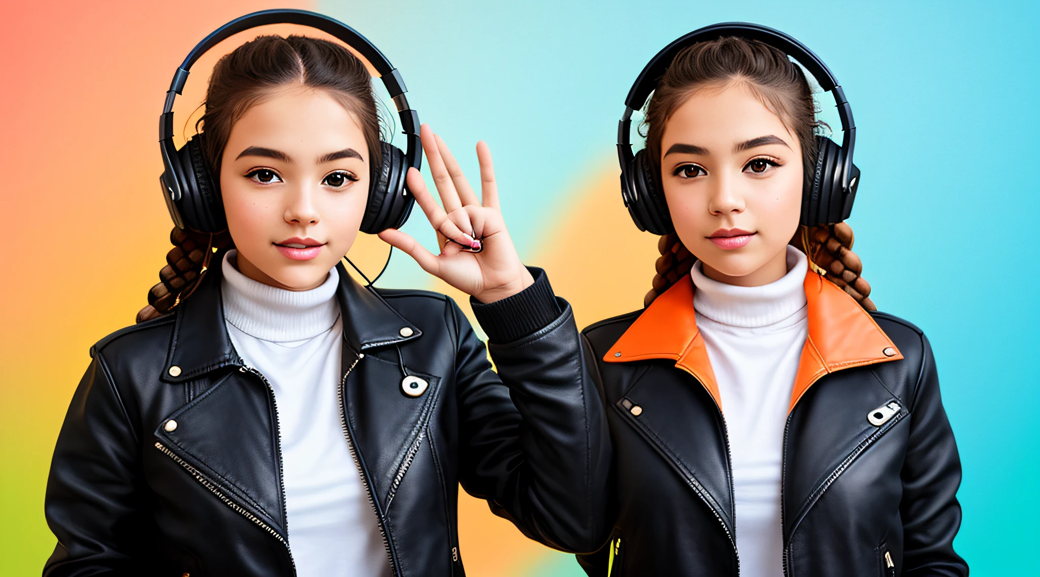 mENINA BLONDE CHILD IN BRAIDS, in leather jacket and headphones making peace sign, girl wearing headphones, with headphones, vibrating with music, with headphones, wearing turtleneck and jacket, dressed in short leather jacket, in front of an orange background, wearing a denim jacket, listening to pious music, Wearing headphones, wearing a leather jacket, she wears a leather jacket