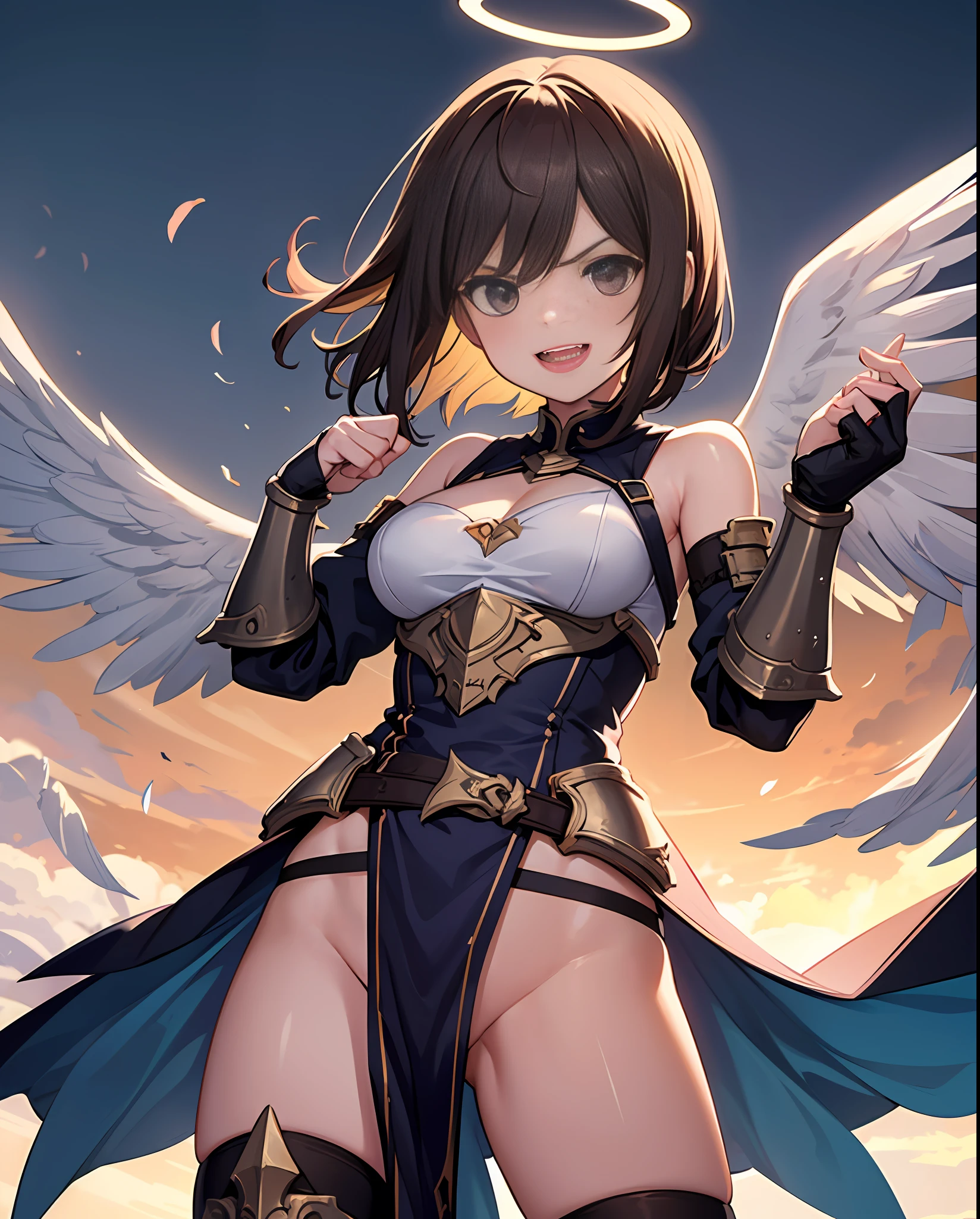 fantasy, 1angel_girl,child, ,brown_hair, medium_bob_hair, long_bangs, halo,bare_shoulder,thighhighs,silver_armor, waist_armor, large_breasts,angry,smile,open_mouth_teeth, 1pair_wings, dynamic_pose_fighting,floating, bare_crotch, headgear,gauntlet, greaves,city_sky_background,slightly_spread_legs, solo, groin_naked