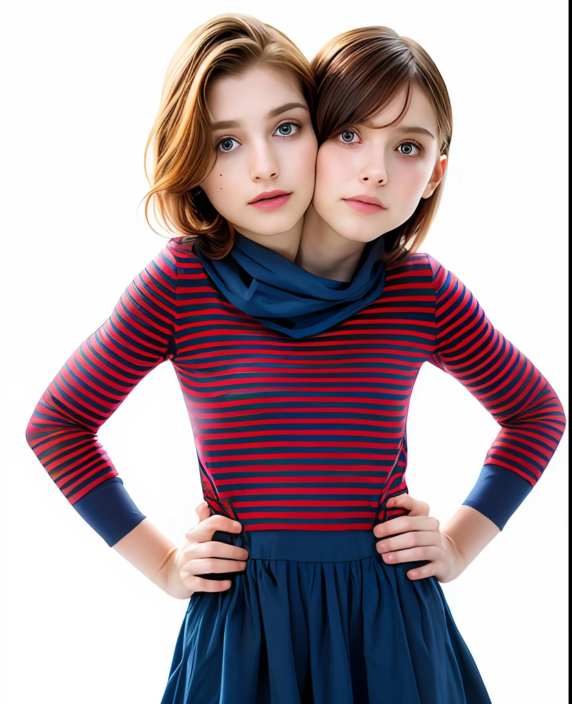 2heads, two headed girl, mom and daughter, (1head:1.5 child), (1head:1.5 young adult) (one torso:1.5), pale skin, Scottish redhead, teenager, white girls, different ages, (two heads on one body:1.4), (first head uncomfortable:1.5), (second head unhappy:1.5) conjoined twins, heads side by side, one torso, young, realistic faces, lifelike faces, uncomfortable, barefoot
