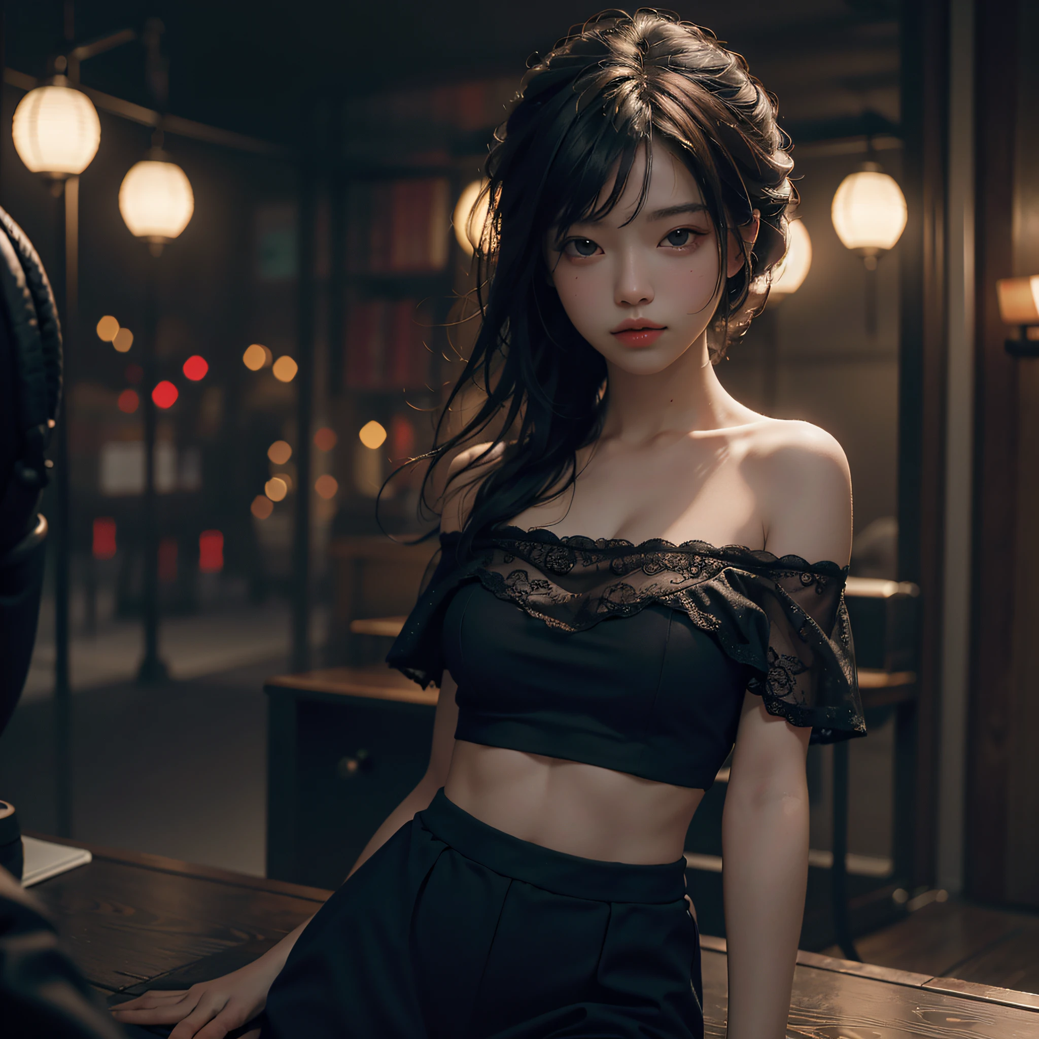 Best Quality, Masterpiece, Ultra High Resolution, 8K, (Realisticity: 1.4), Original Photo, 1girl, Bare Shoulder, Cinematic Lighting