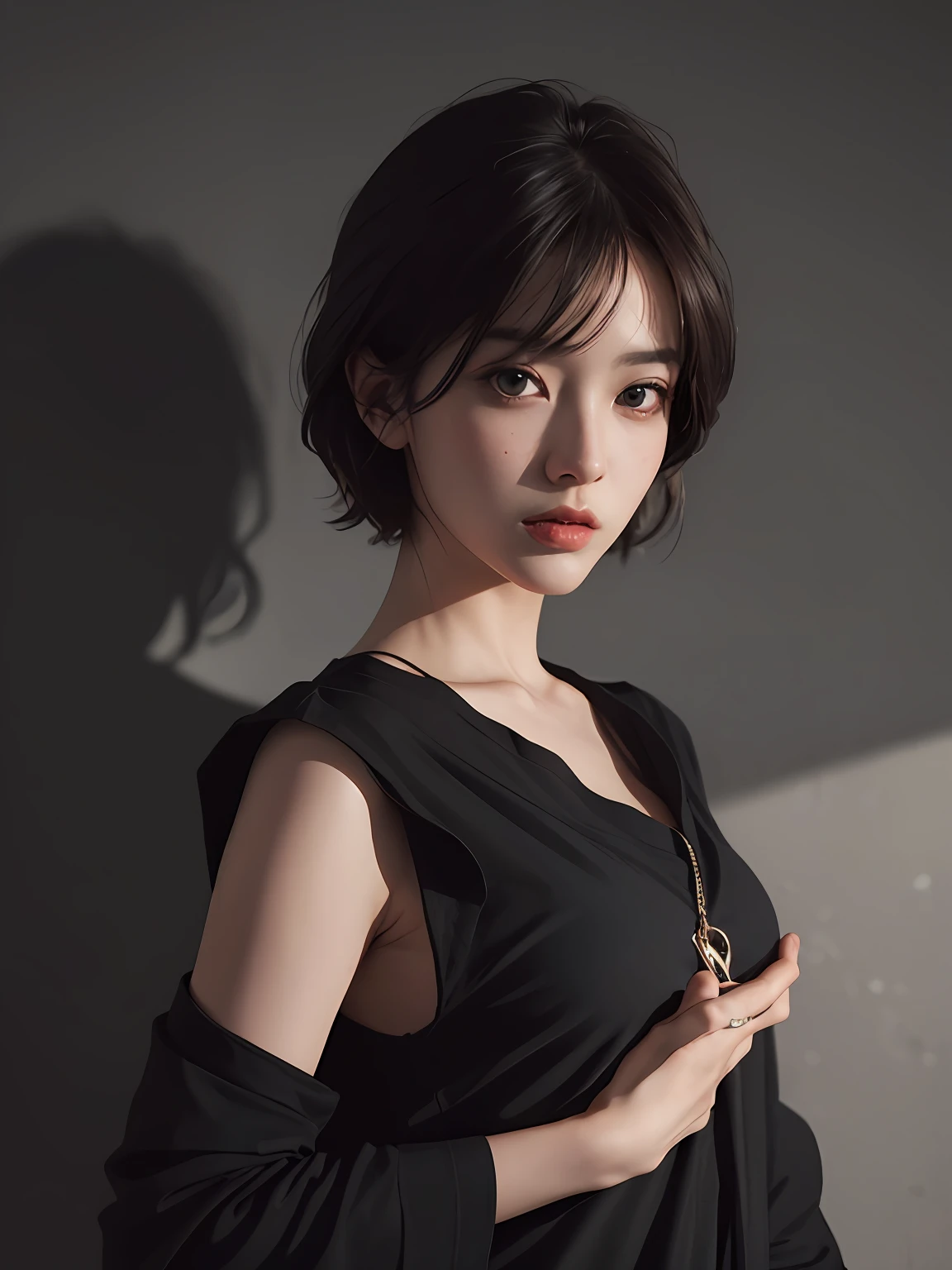Best quality, masterpiece, ultra high res, (photorealistic:1.5), raw photo, 1girl, offshoulder, in the dark, deep shadow, low key, cold light, sexy look, short hair