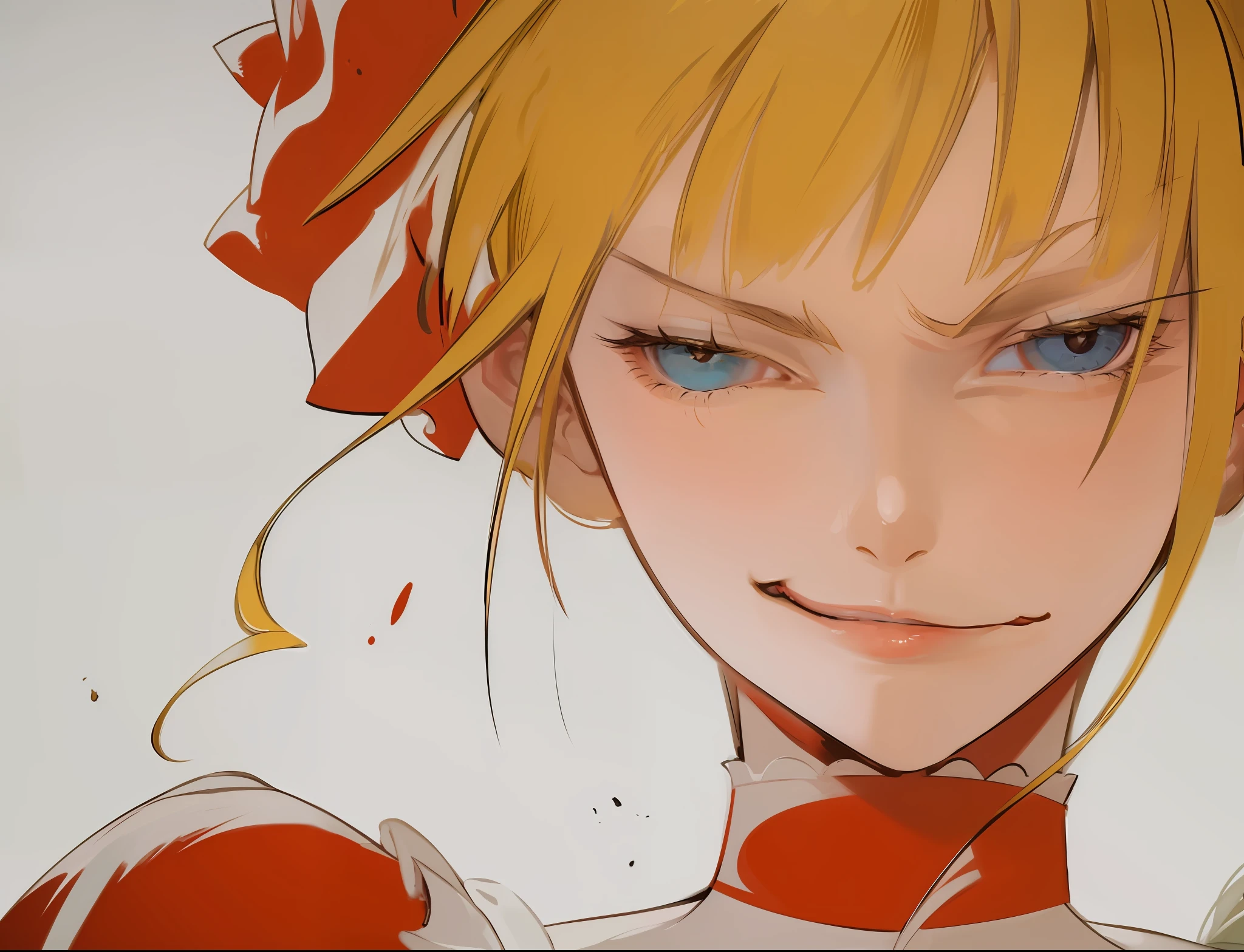 Best Quality, Ultra High Resolution, Detailed Face, Realism, Realistic Face, Extremely Beautiful Eyes, Italian Beauty, Golden Qi Bangs, (High Density Display: 1.4), ??? Turn, A Girl, Solo, Crazy Detail, Intricate Detail, Ultra Detail, Soft Cinematic Light, Exposure Mixing, High Density Display , Strong Light and Shadow, Beatrice (Umineko), Bad Smile, Glow Blue Eyes, Closed Left Eye, Contemptuous Eyes, Gradient Pupil Color, Golden Eyelashes, Blush, Big Breasts, The corners of the mouth are raised, V-shaped eyebrows, and a ???? expression.