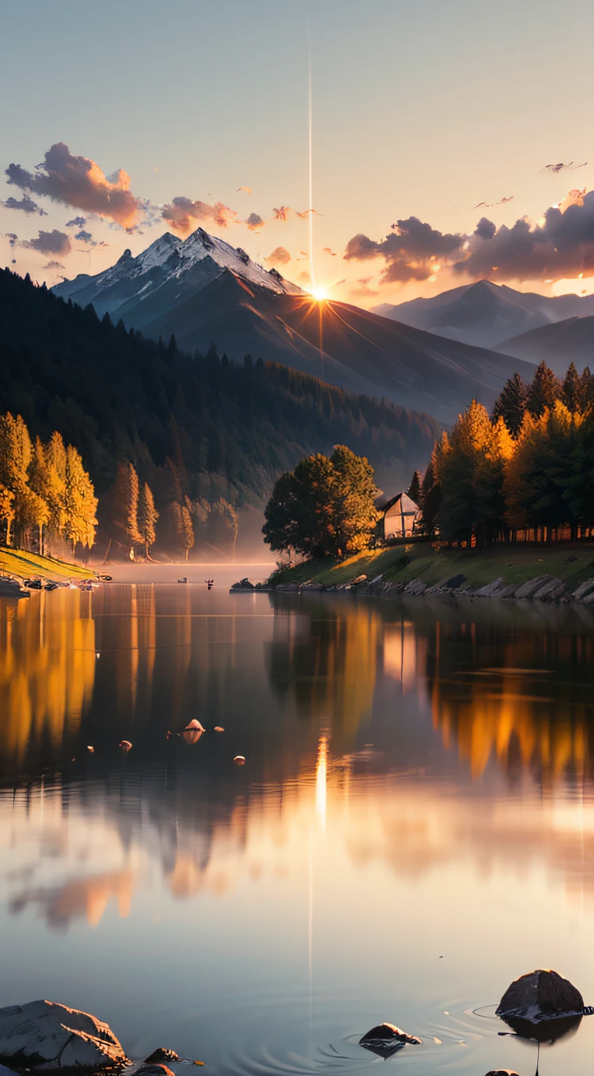 Imagine a serene landscape, with calm and crystal clear waters reflecting the last rays of sunshine of the day. The sky is painted in shades of orange, pink and gold, creating a magical and tranquil atmosphere. The gentle breeze caresses your face as you contemplate this scene. In this scenario, you feel God's presence in a deep and comforting way. The harmony between the colors of the sky and the reflection in the waters conveys a sense of unity between the divine and nature. It is as if God is present in every ray of sunshine that is reflected in the water, enveloping everything with love and peace. God's presence is felt in the serenity of the landscape, in the stillness of the waters and in the spectacle of the sunset. It is as if God Himself is painting the sky and blessing the world with His beauty and grace. It is a sacred time to connect with the divine, to find inner peace and to renew faith. Water represents life and purification, and in this landscape, it is a reminder of God's care for us. Just like cleansing and refreshing water, God purifies and renews us with His presence and unconditional love. In the presence of God, the waters become a symbol of healing and spiritual renewal. In this landscape of a morning with the sunset, in the tranquil waters, the presence of God is intensely felt. It is a time to connect with the divine, to reflect on His greatness, and to feel enveloped by His peace and love. It's a scene that inspires gratitude, reverence, and trust in God's constant presence in our lives. --auto