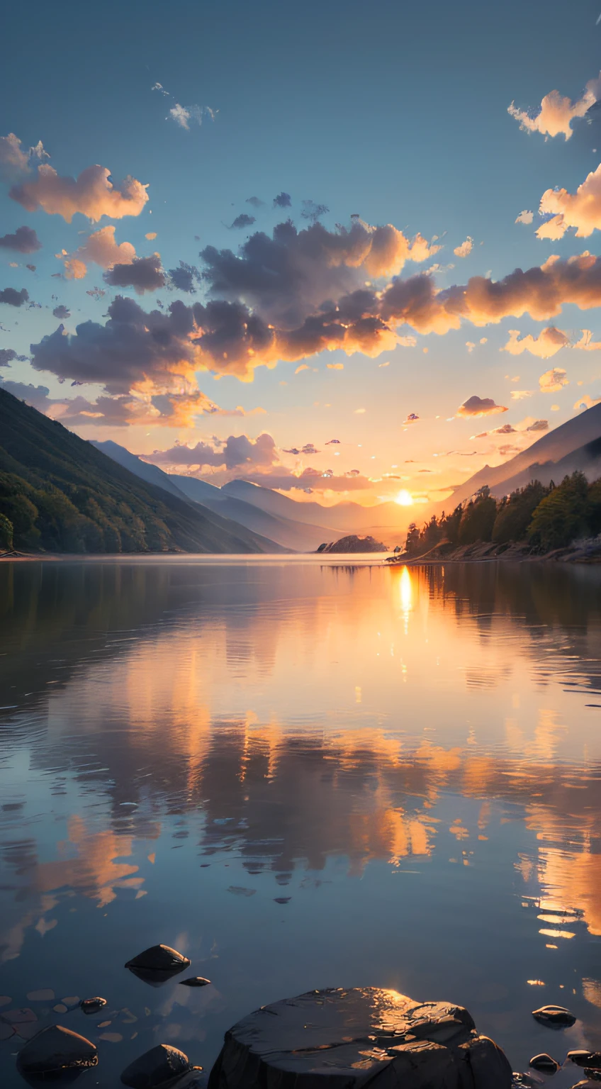 Imagine a serene landscape, with calm and crystal clear waters reflecting the last rays of sunshine of the day. The sky is painted in shades of orange, pink and gold, creating a magical and tranquil atmosphere. The gentle breeze caresses your face as you contemplate this scene. In this scenario, you feel God's presence in a deep and comforting way. The harmony between the colors of the sky and the reflection in the waters conveys a sense of unity between the divine and nature. It is as if God is present in every ray of sunshine that is reflected in the water, enveloping everything with love and peace. God's presence is felt in the serenity of the landscape, in the stillness of the waters and in the spectacle of the sunset. It is as if God Himself is painting the sky and blessing the world with His beauty and grace. It is a sacred time to connect with the divine, to find inner peace and to renew faith. Water represents life and purification, and in this landscape, it is a reminder of God's care for us. Just like cleansing and refreshing water, God purifies and renews us with His presence and unconditional love. In the presence of God, the waters become a symbol of healing and spiritual renewal. In this landscape of a morning with the sunset, in the tranquil waters, the presence of God is intensely felt. It is a time to connect with the divine, to reflect on His greatness, and to feel enveloped by His peace and love. It's a scene that inspires gratitude, reverence, and trust in God's constant presence in our lives. --auto