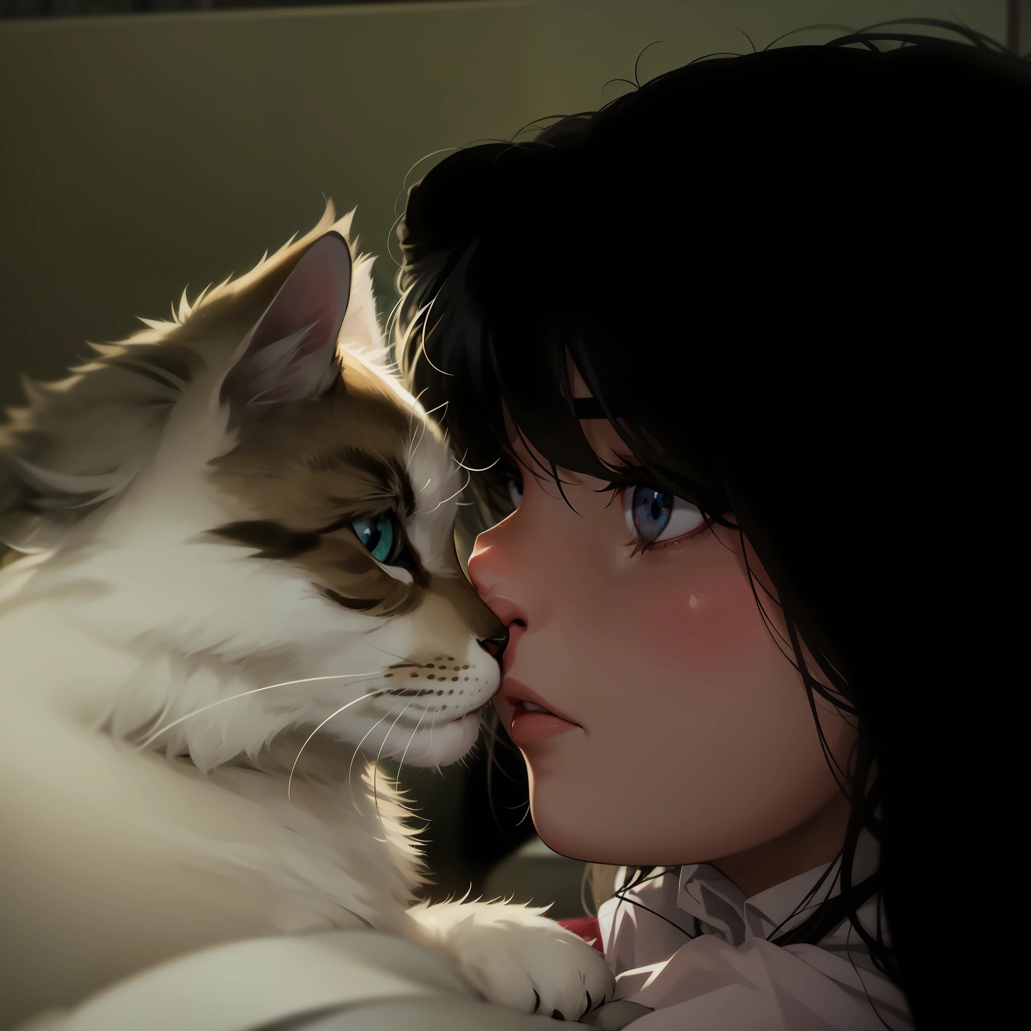 A boy and a cat face to face