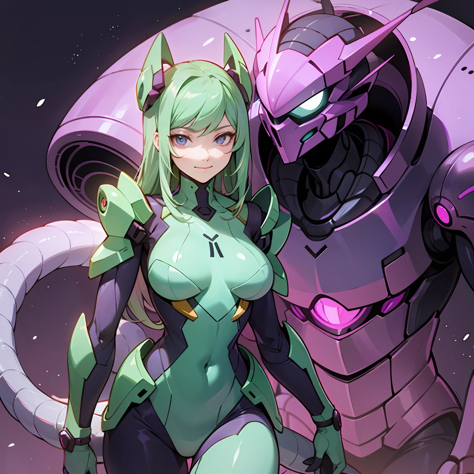 Cartoon photo of woman in white and purple costume, hot insect woman, guyver style, bad smile, scarabele ploid, bellows tail, cel shade adult animation, metroid suit