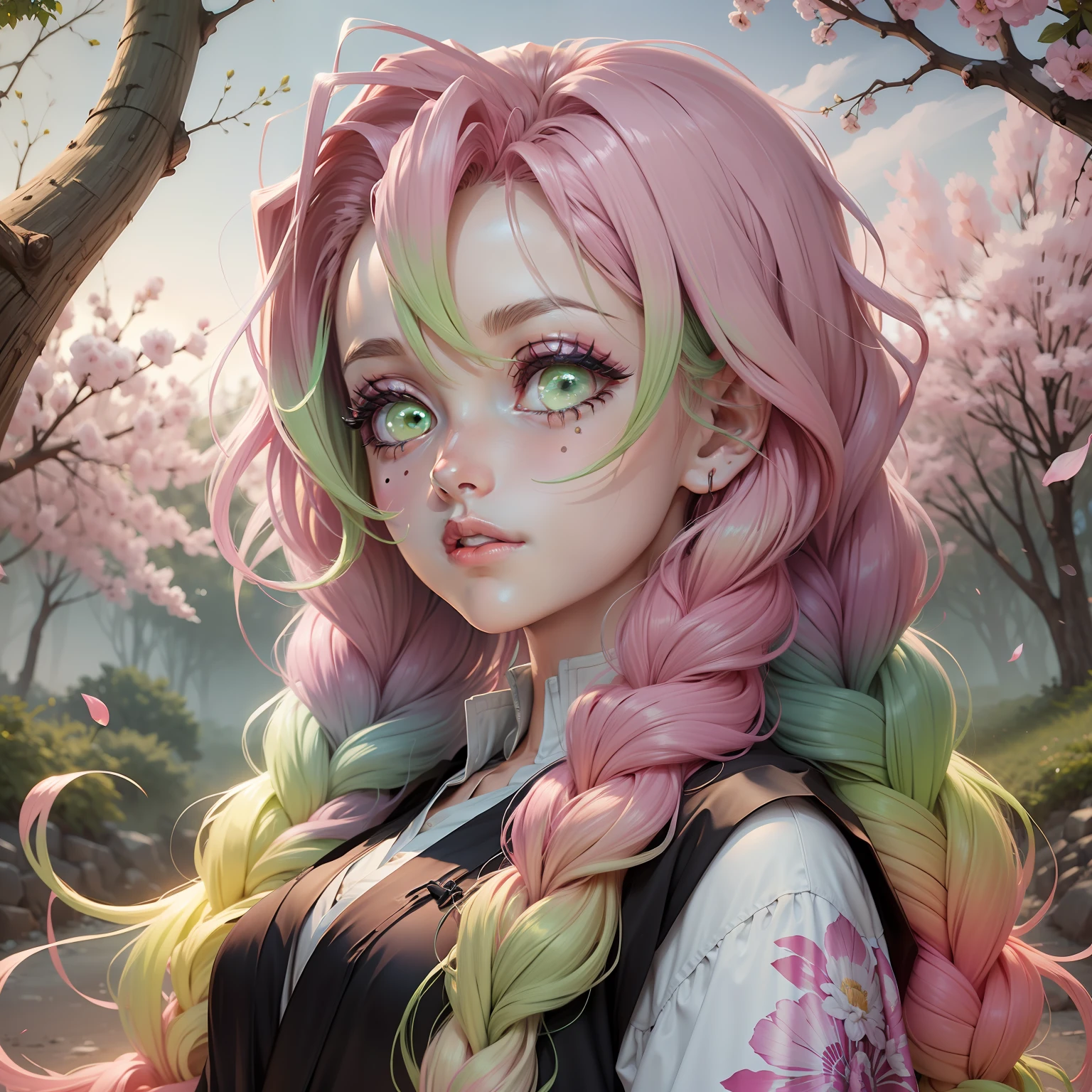 ultra detailed anime style woman, focus on beautiful face with big anime eyes, hyperdetailed face, (dark robes), very light green eyes, big anime eyes, (((gradient color hair from pink to light-green))) (ombre pink hair with light green ends) cherry trees background, 2 long wide braids, illustration, drawing, anime, manga, vector, best quality, ultra detailed 32k resolution,