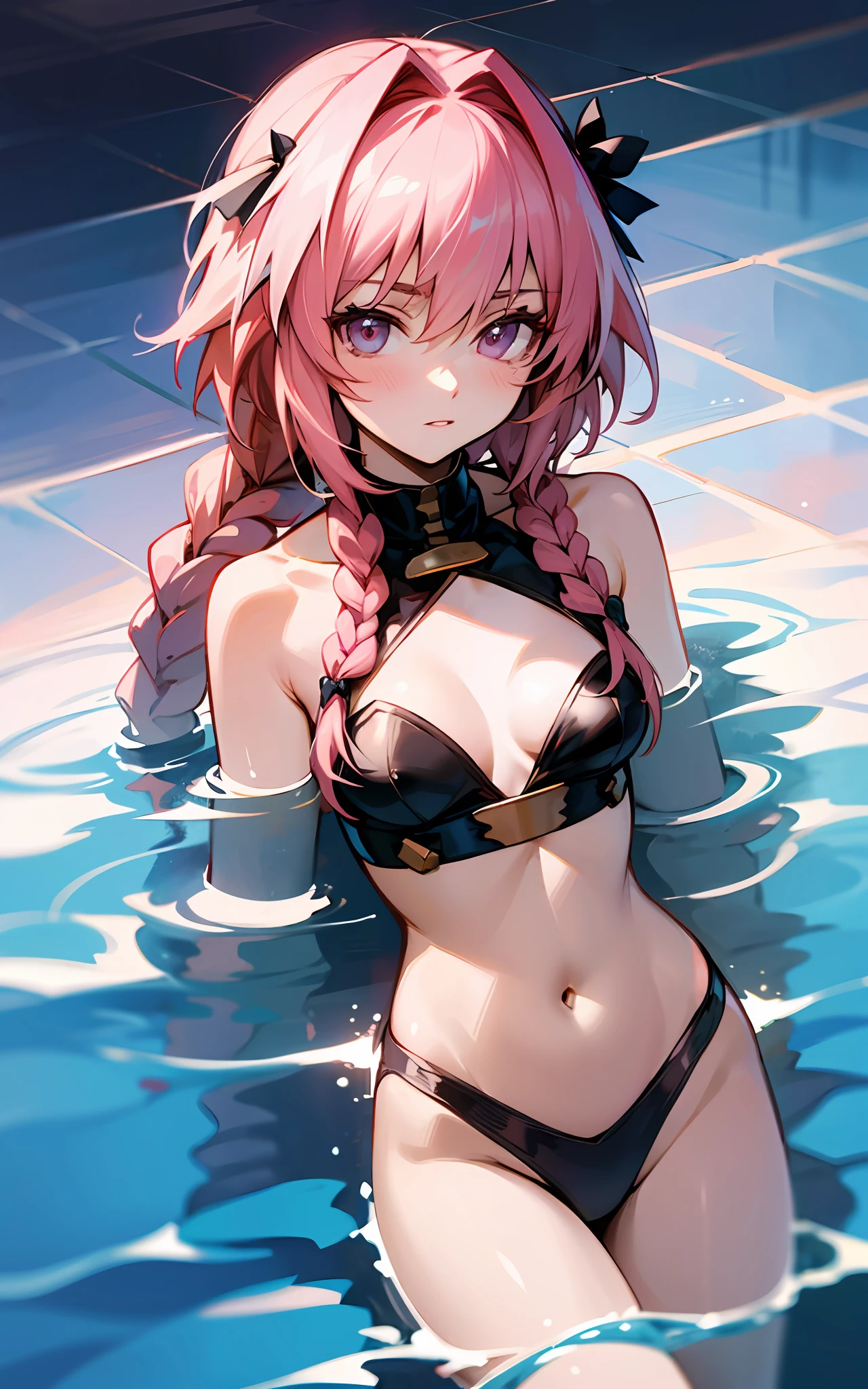 Top Quality, 8K, 4K, High Definition, Detail, Astolfo, FGO, Women, Bright Pool, Flat Breasts, Long Braids,