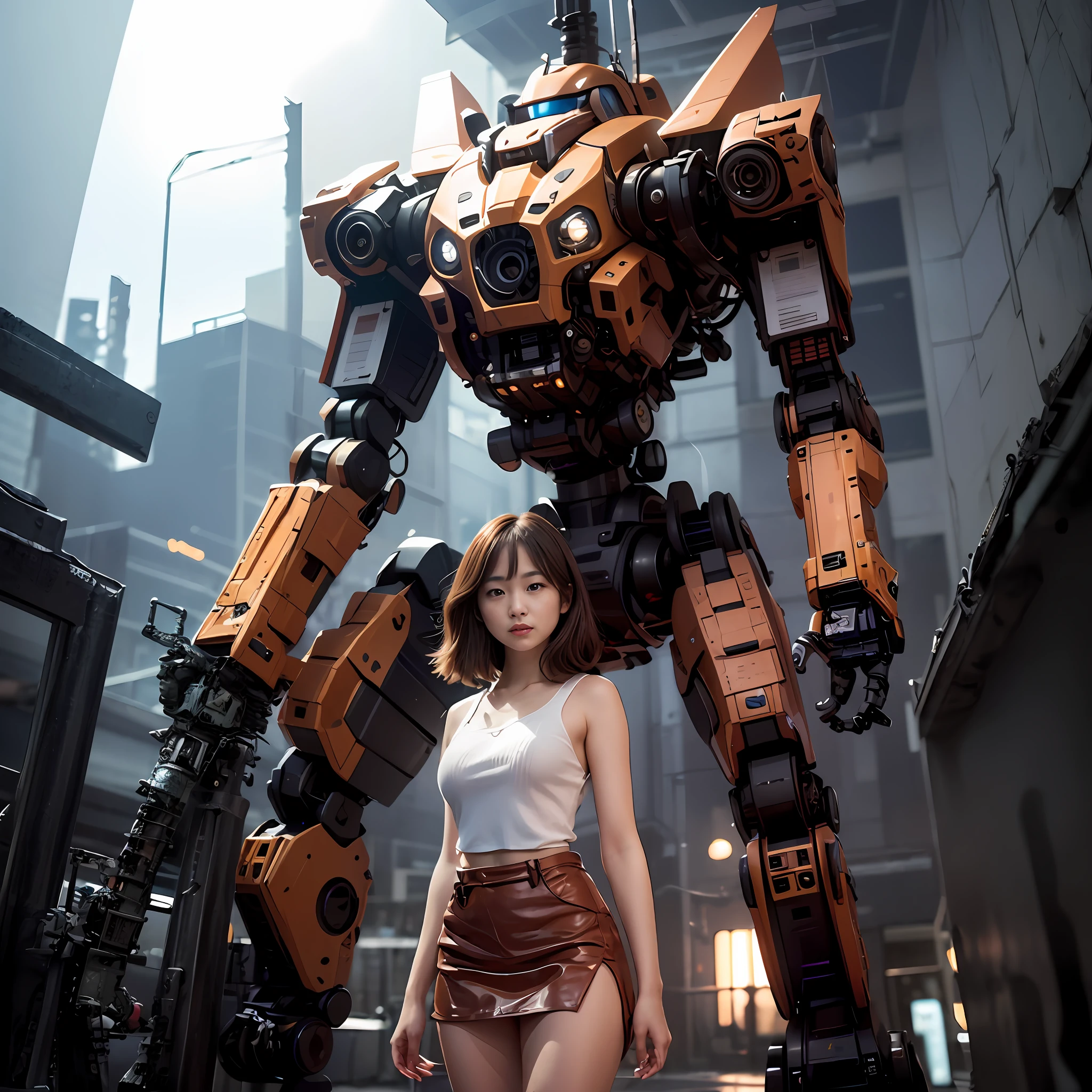 araffe posing in front of a giant robot in a building, movie still 8 k, cinematic. by leng jun, woman and robot, girl in mecha cyber armor, 8 k movie still, female mecha, from a 2 0 1 9 sci fi 8 k movie, cyberpunk anime girl mech, with robotic arms, portrait of a mech