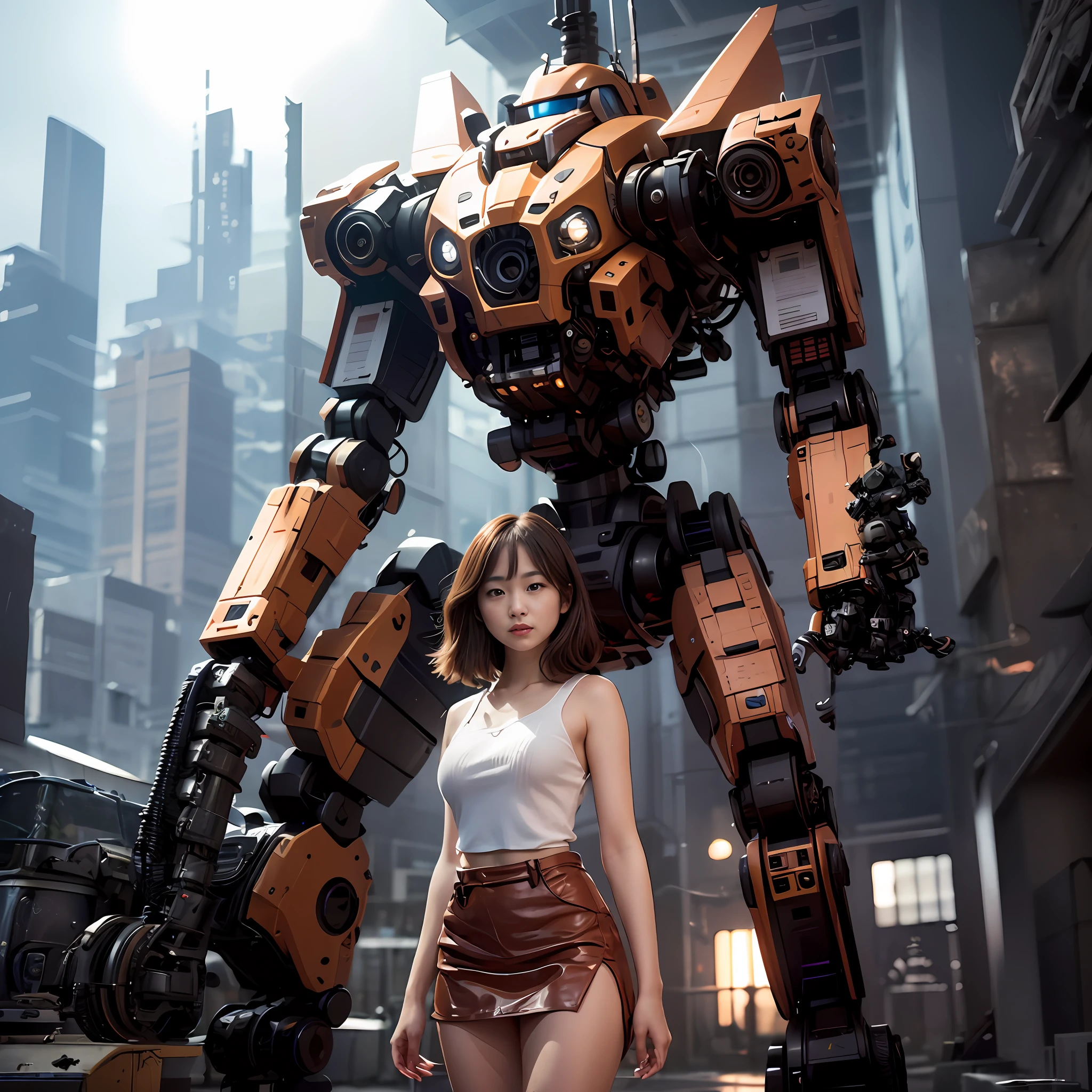 araffe posing in front of a giant robot in a building, movie still 8 k, cinematic. by leng jun, woman and robot, girl in mecha cyber armor, 8 k movie still, female mecha, from a 2 0 1 9 sci fi 8 k movie, cyberpunk anime girl mech, with robotic arms, portrait of a mech