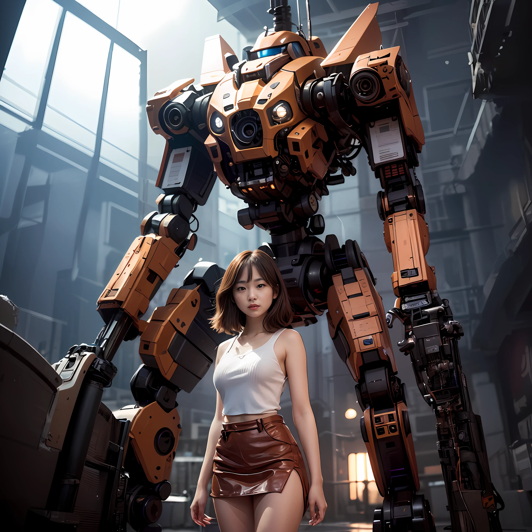 araffe posing in front of a giant robot in a building, movie still 8 k, cinematic. by leng jun, woman and robot, girl in mecha cyber armor, 8 k movie still, female mecha, from a 2 0 1 9 sci fi 8 k movie, cyberpunk anime girl mech, with robotic arms, portrait of a mech