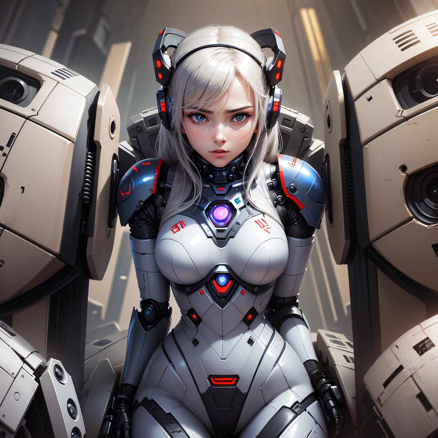 Mecha girl, wearing broken combat armor, tech background, beautiful and detailed face, long legs, full of vitality, photo realistic, realistic, frontal, dramatic, dark, clear focus, 8k) --auto