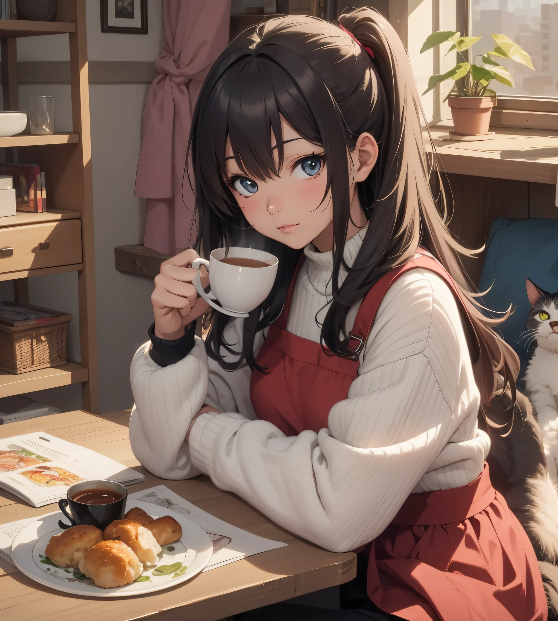 Anime girl sitting at table with a cup of tea, Guvez style artwork, anime style 4 K, anime art wallpaper 4 K, anime art wallpaper 8 K, anime art wallpaper 4K, Pixiv ArtStation on Guwiz, ArtStation Pixiv on Guwiz, detailed digital anime art, 4k anime wallpaper, high resolution, super detailed, realistic texture, bold texture, crazy texture, delicate wood grain, warm sun, glow, cute cat